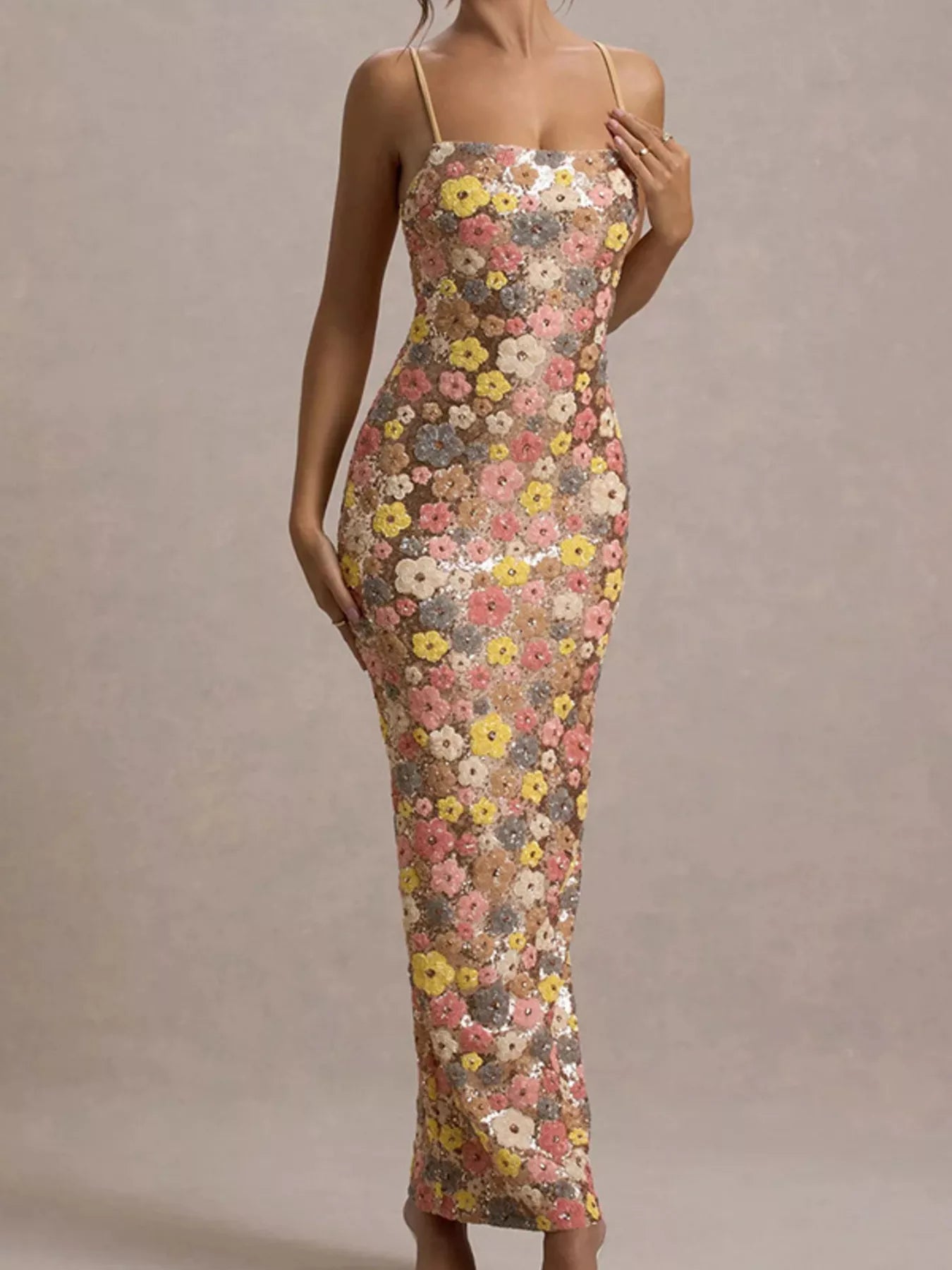 Floral Sequin Embellished Bodycon Maxi Dress