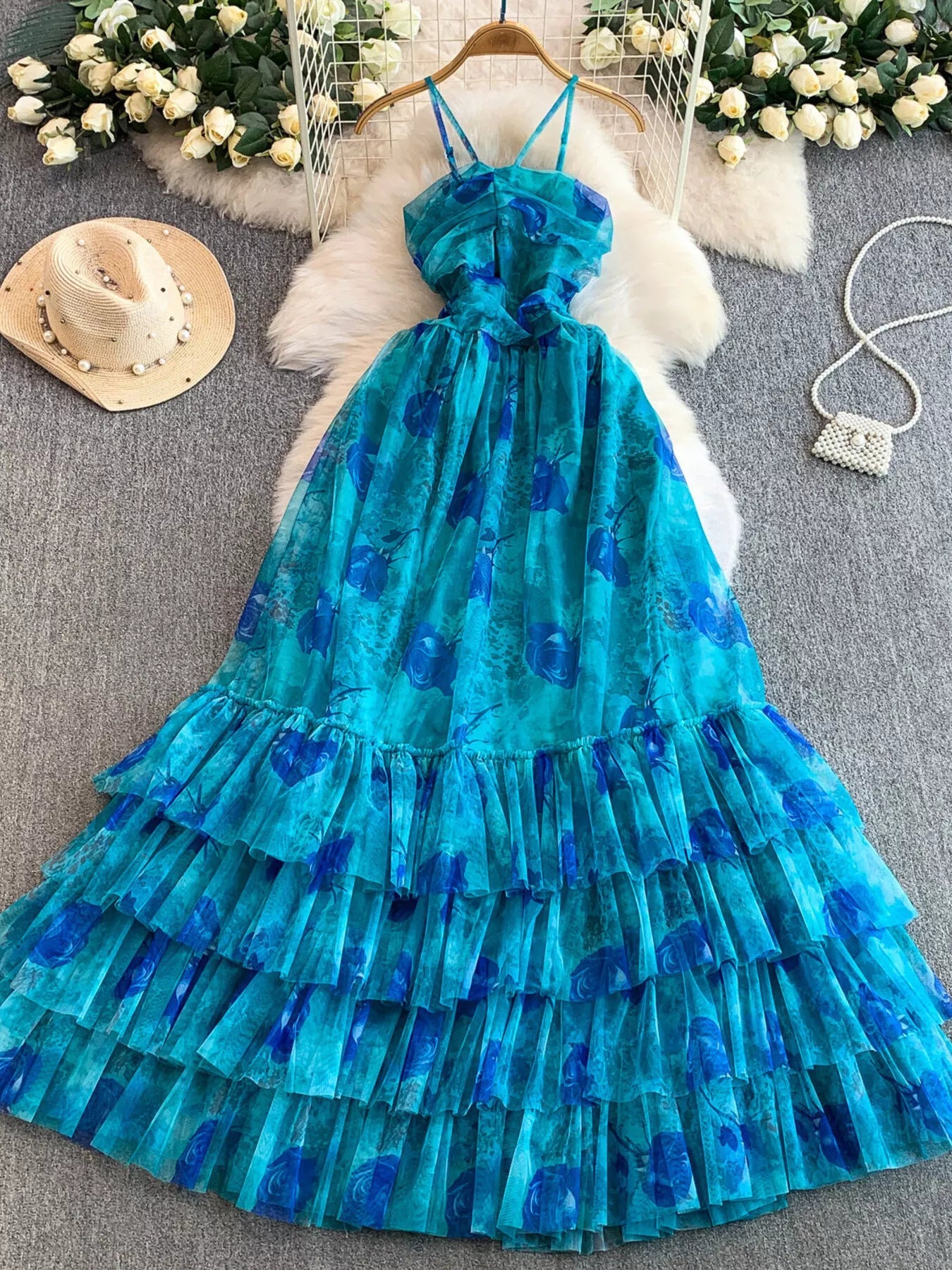 Floral Print Ruffled Layered Mesh Dress