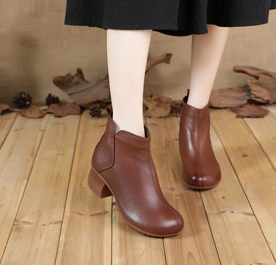 Vintage Style Genuine Leather Women Boots Flat Booties Soft Cowhide Women's Shoes