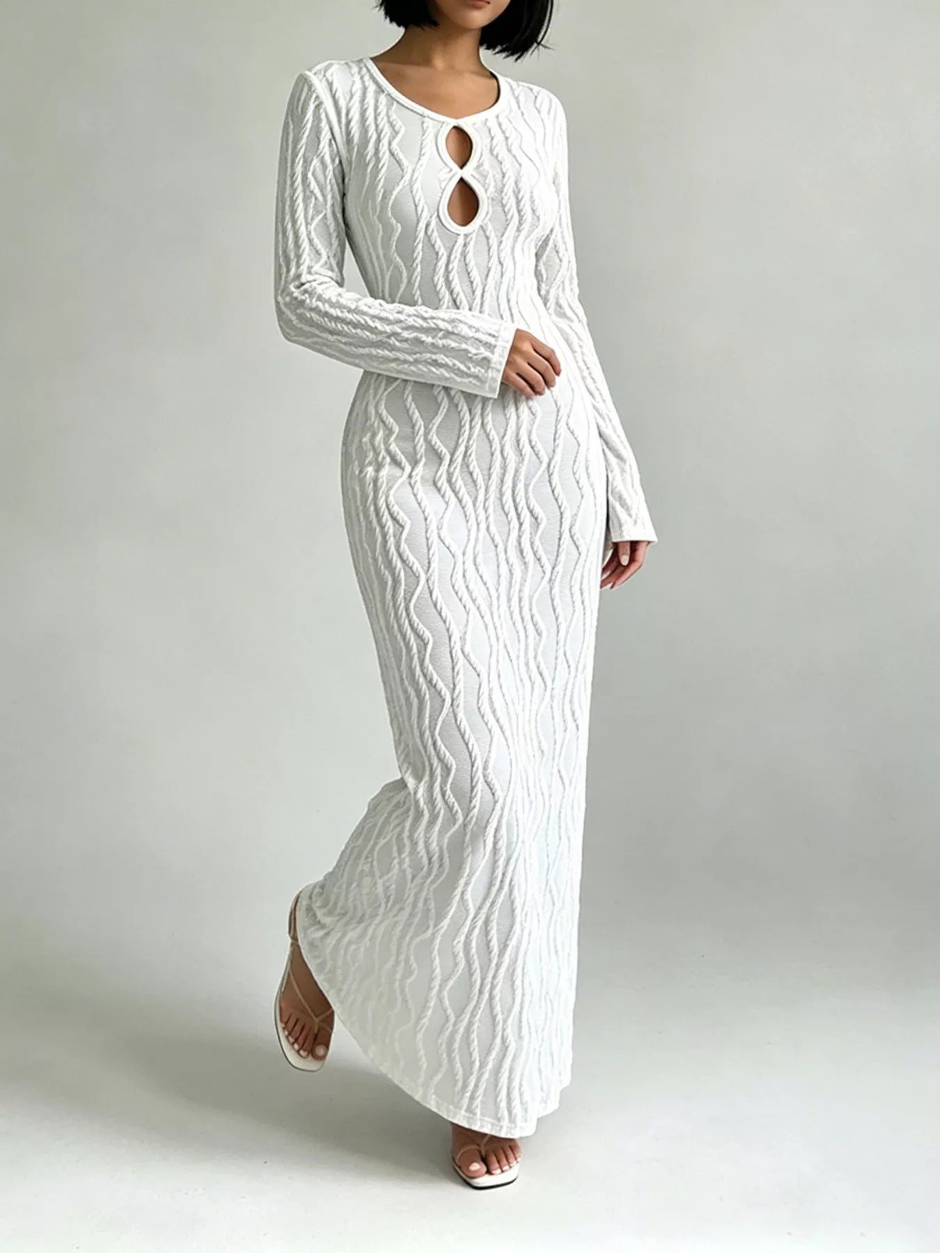 Textured Cut-Out Long Sleeve Maxi Dress