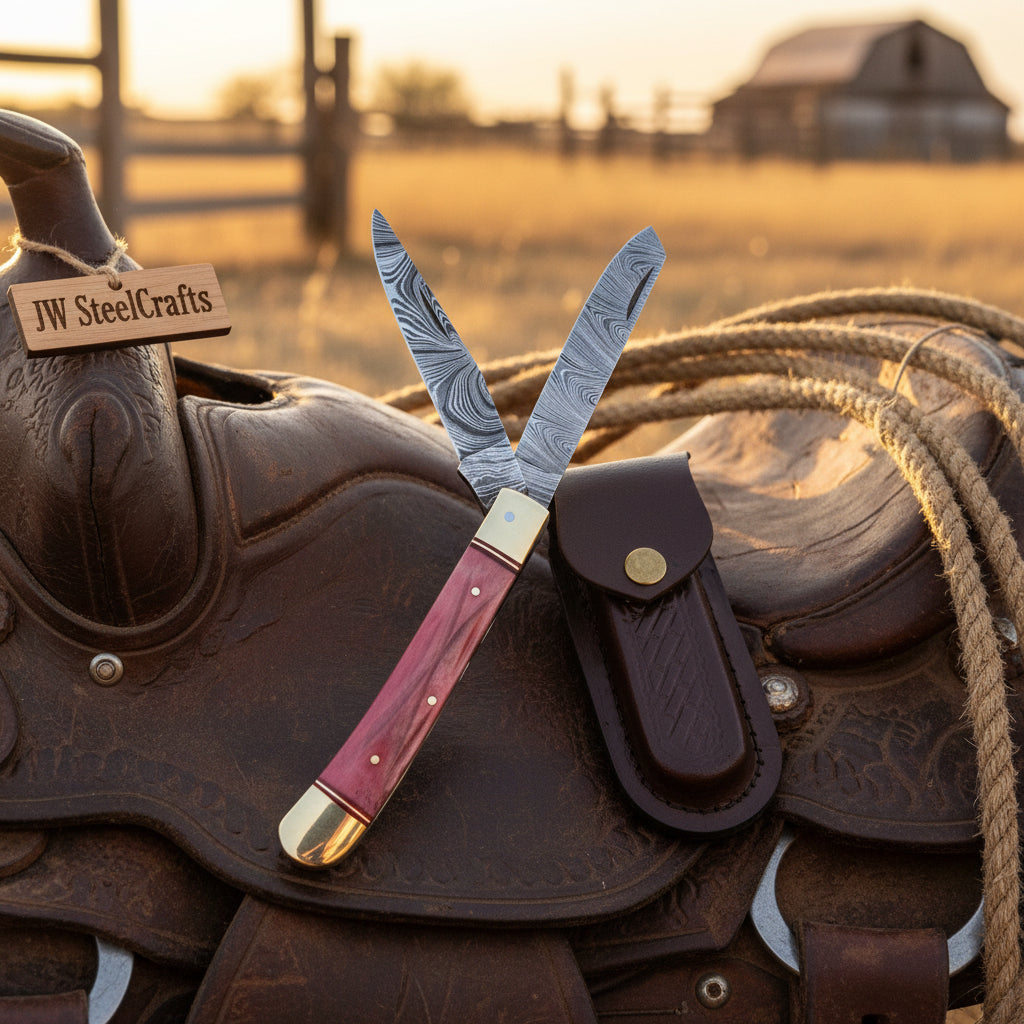 Backwoods Trapper Knife Two Blade Pink Bone Handle Steel Bolster Slip Joint