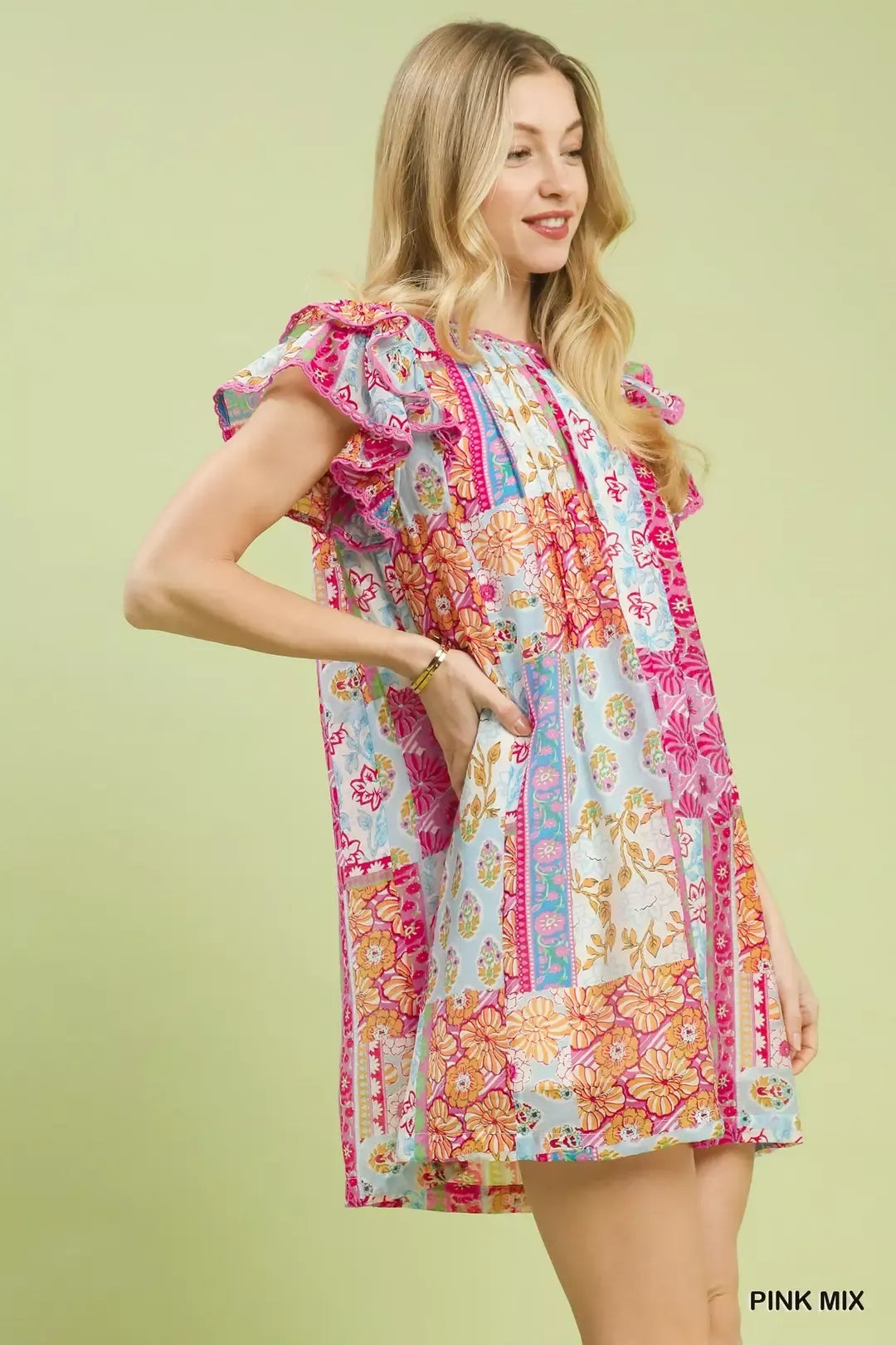 Umgee Mix Patchwork Flutter Sleeve Mini Dress