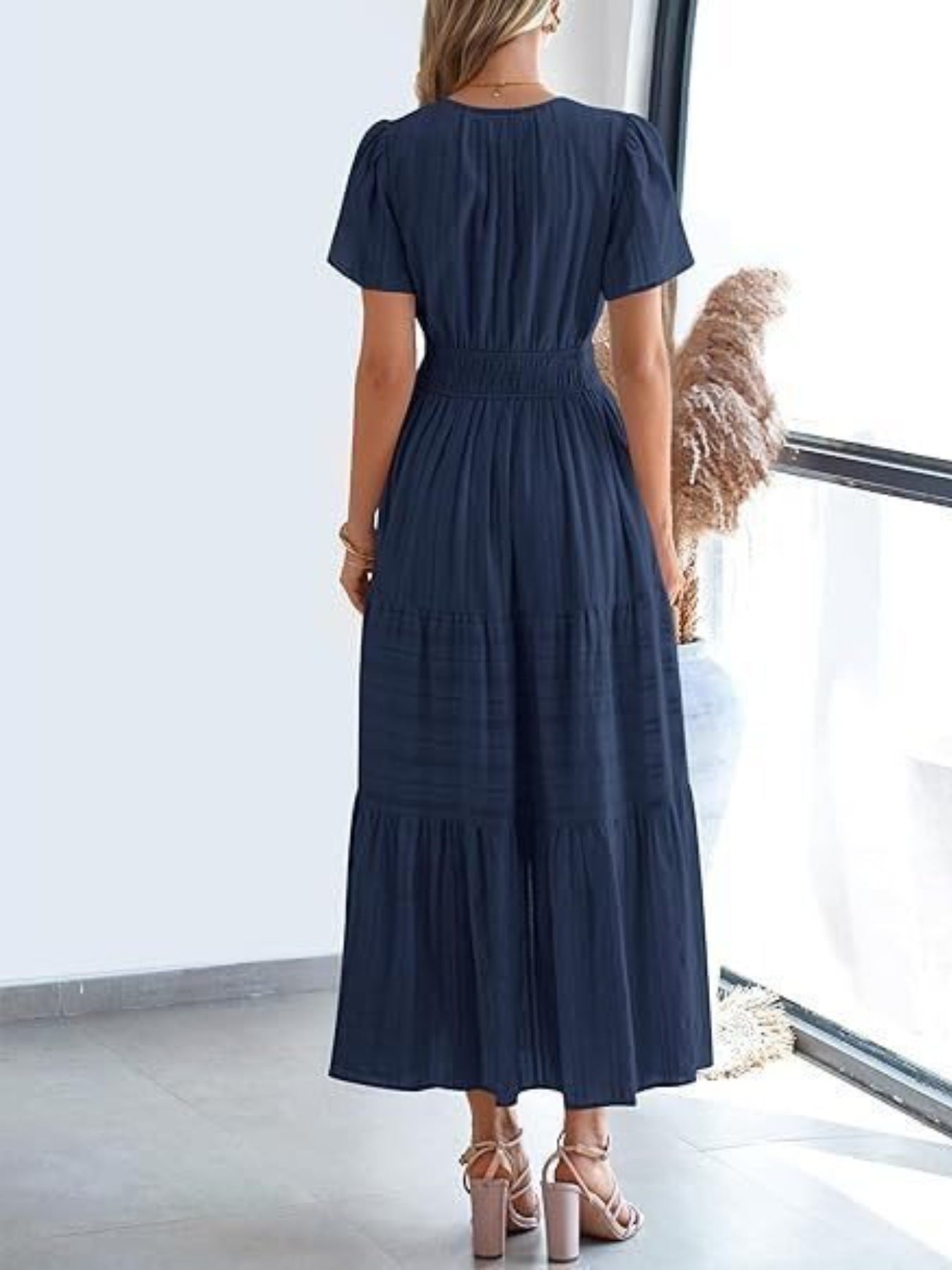 Notched Short Sleeve Tiered Dress