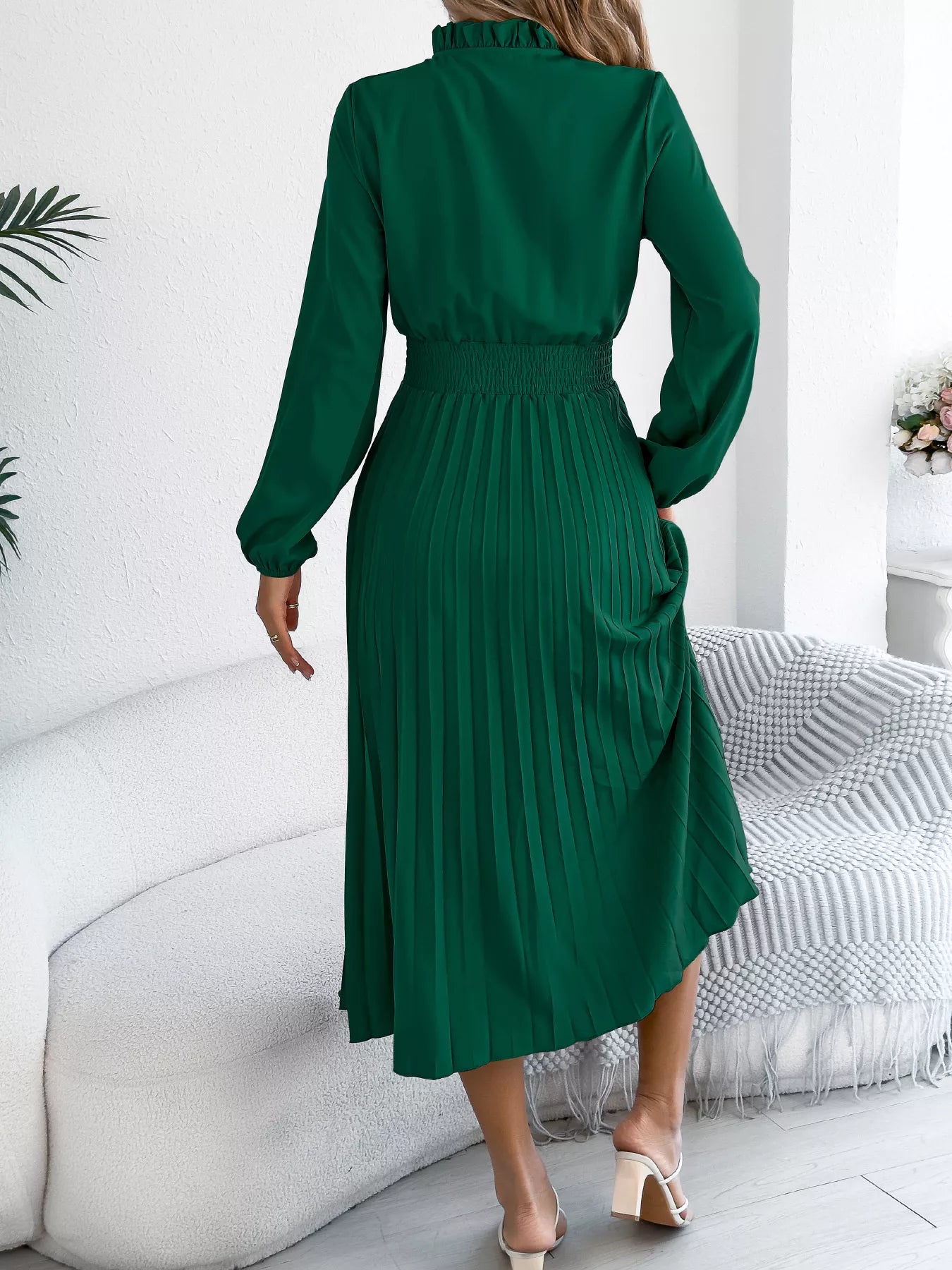 Smocked Pleated Tie Neck Dress