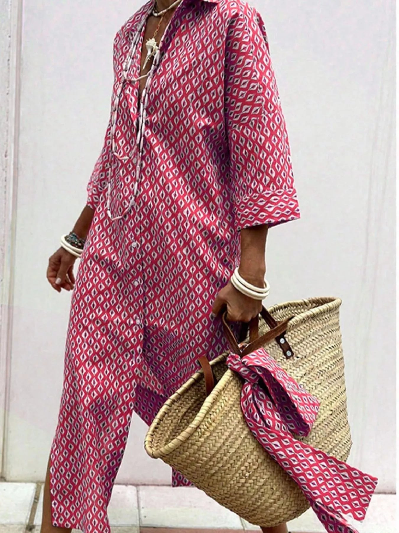 Full Size Printed Button-Down Midi Dress Plus Size
