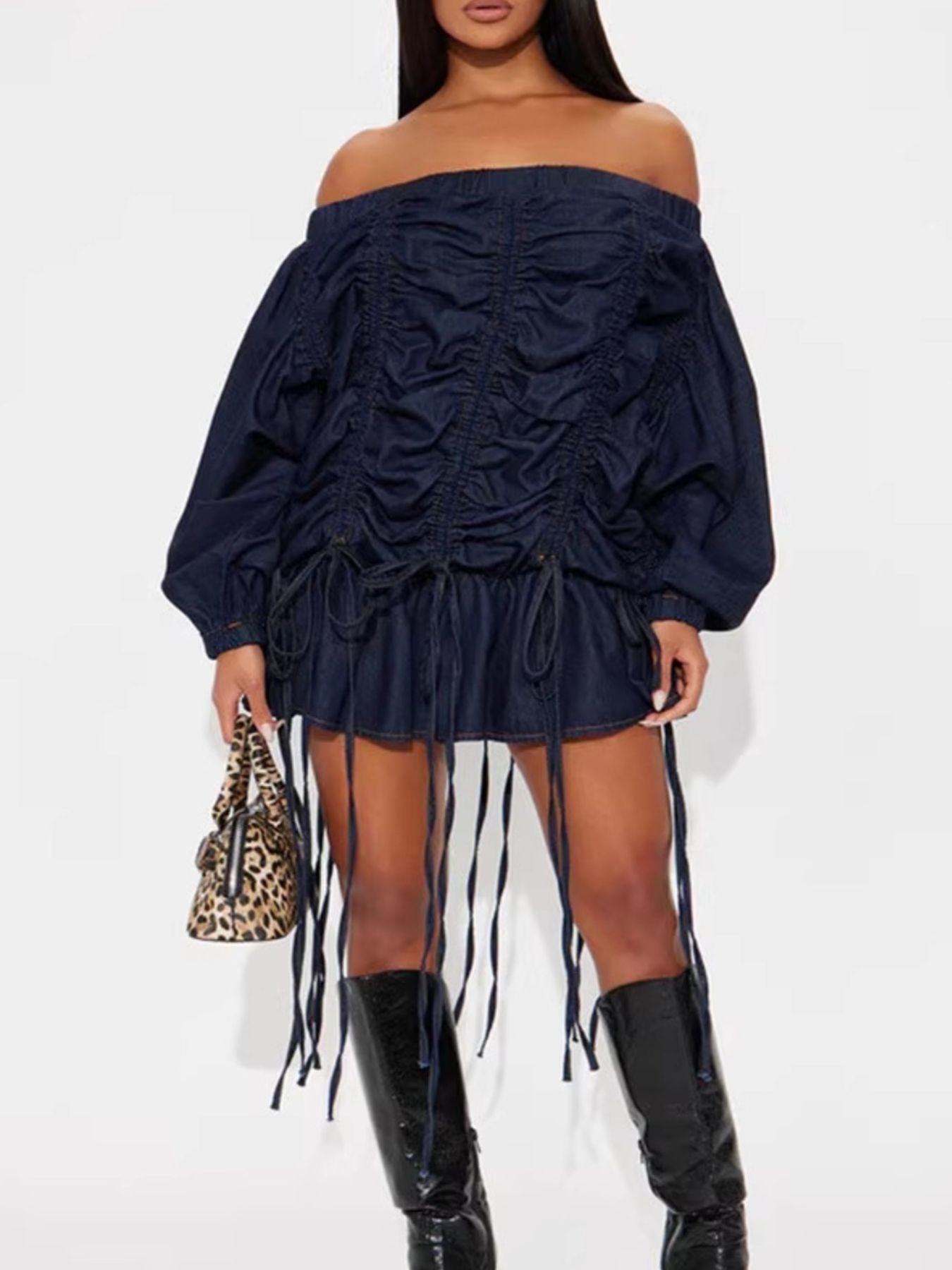 Off-Shoulder Ruched Denim Dress