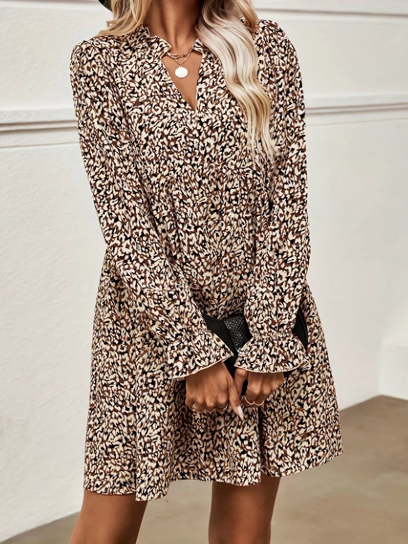 Notched Flounce Sleeve Mini Dress
