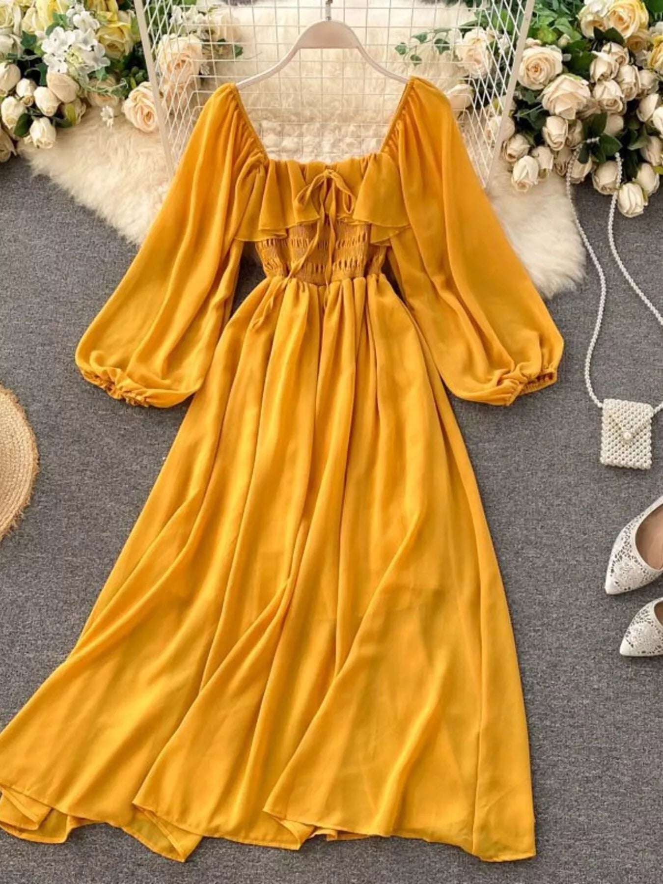Ruffle Square Neck Balloon Sleeve A-Line Dress