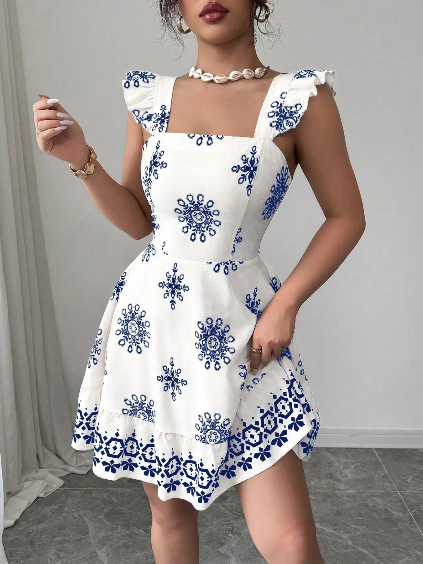 Printed Bow Back Square Neck Mini Dress