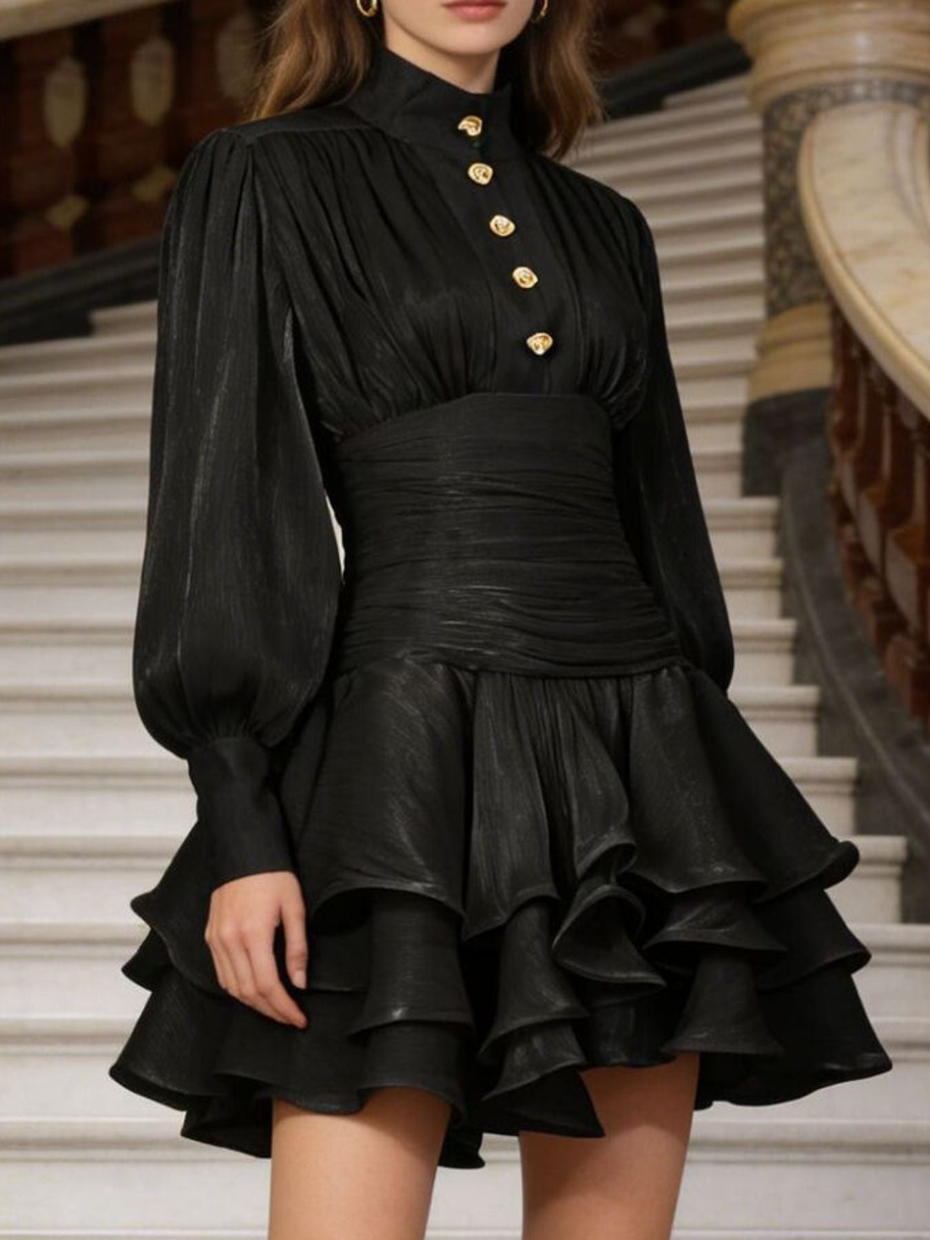 Ruffled Layered Lantern Sleeve Mini Dress