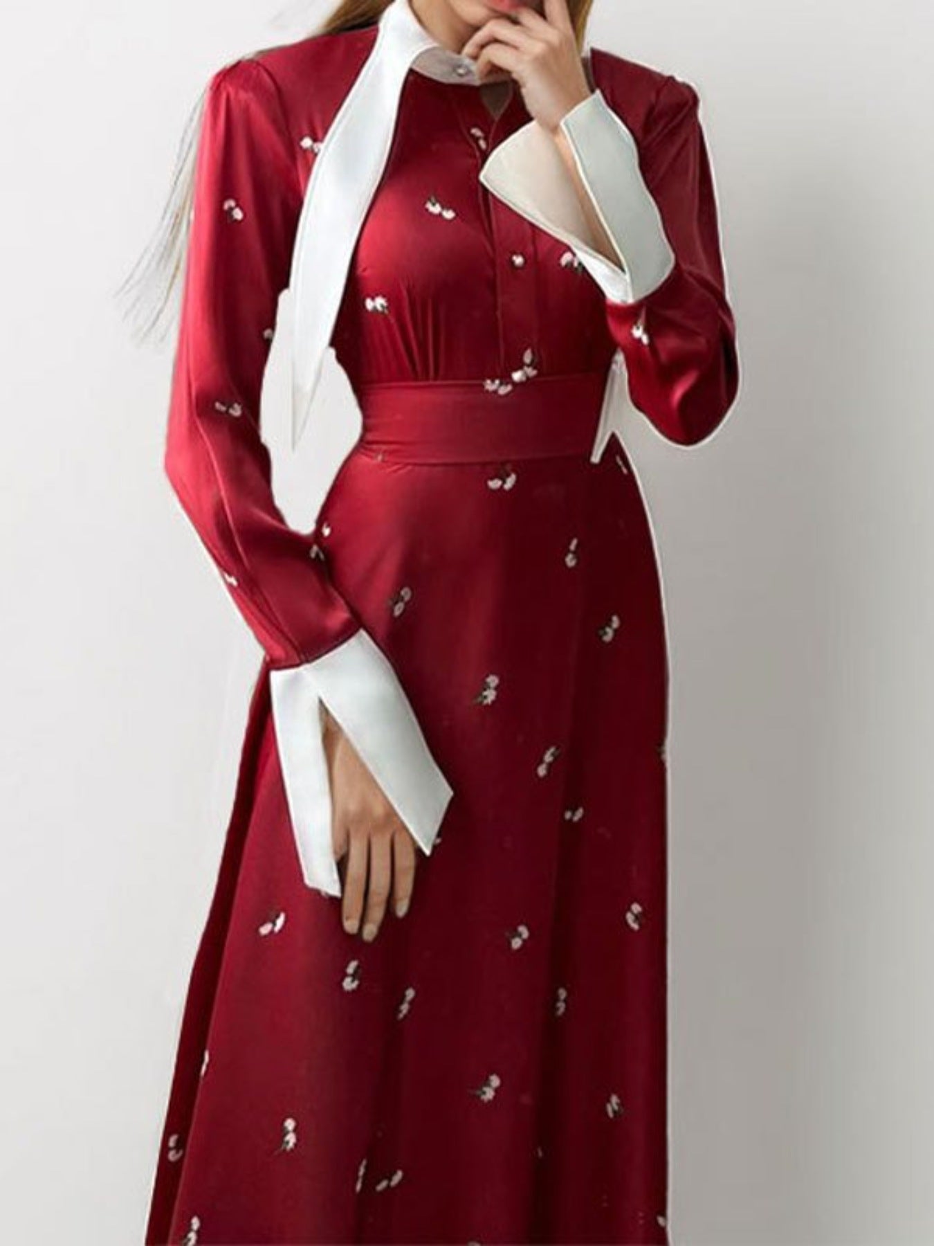 Full Size Contrast Collar Long Sleeve Midi Dress Plus Size