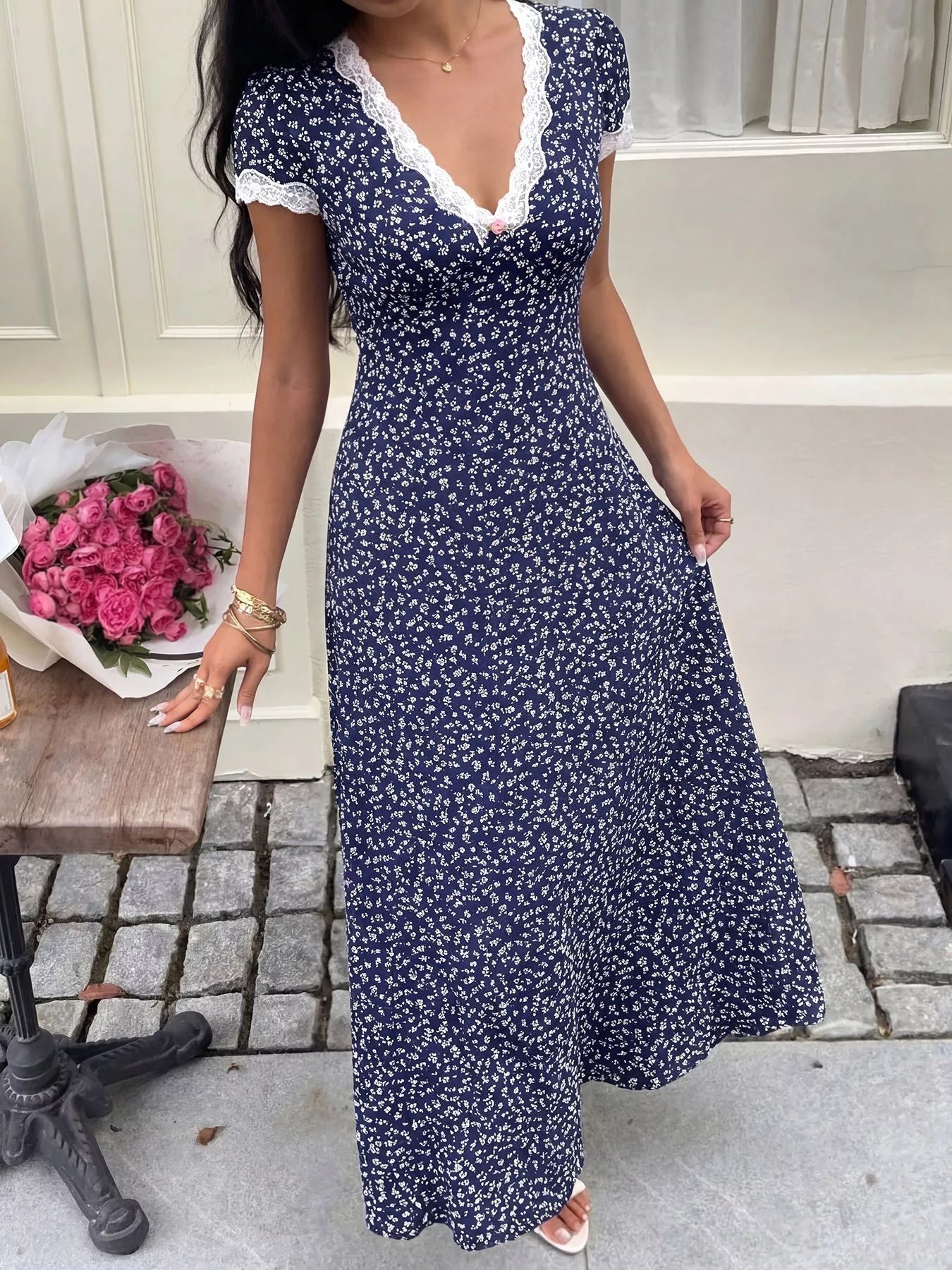 Floral Print Lace Trim Maxi Dress