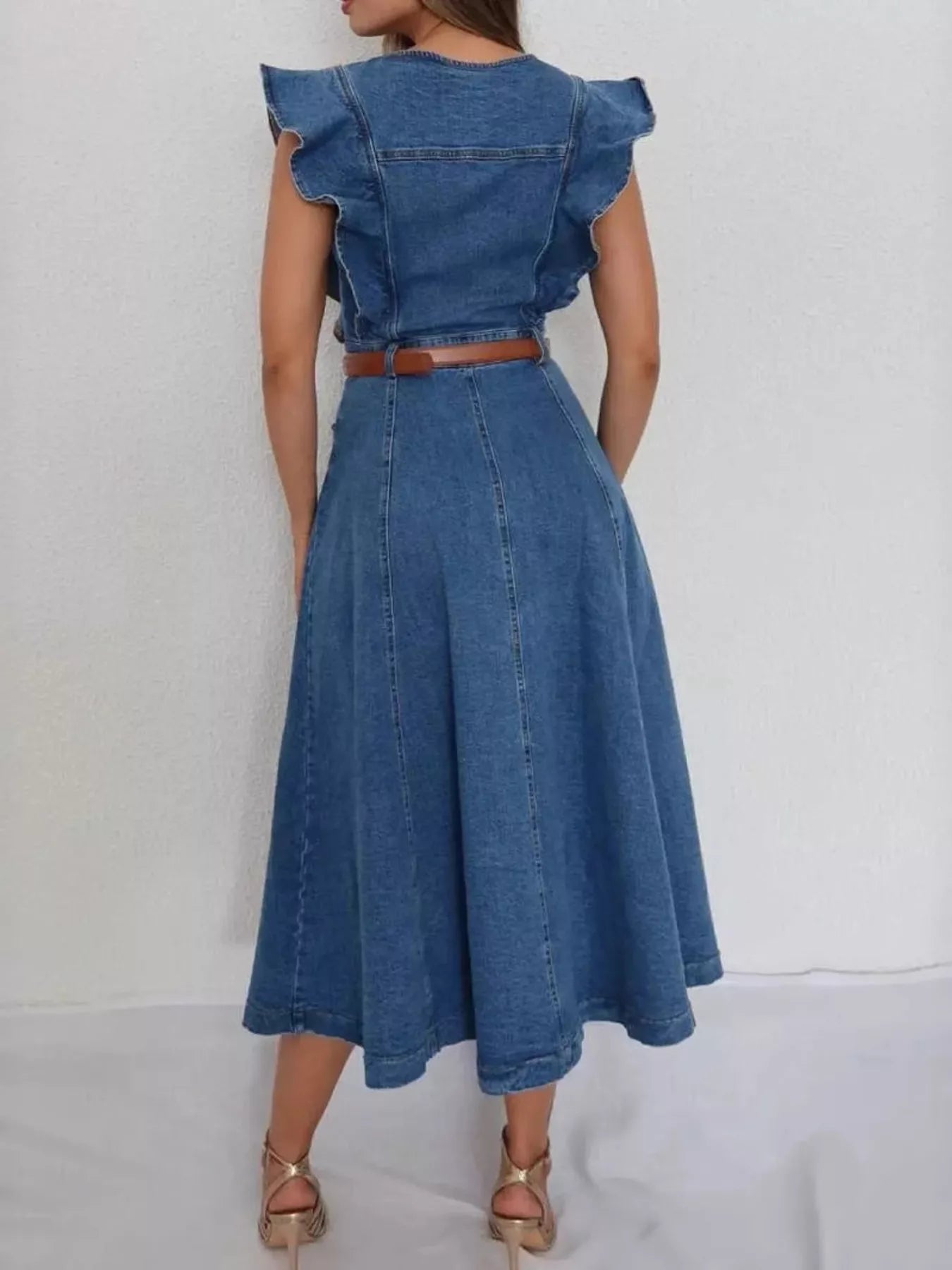 Ruffled Button Front Denim Dress