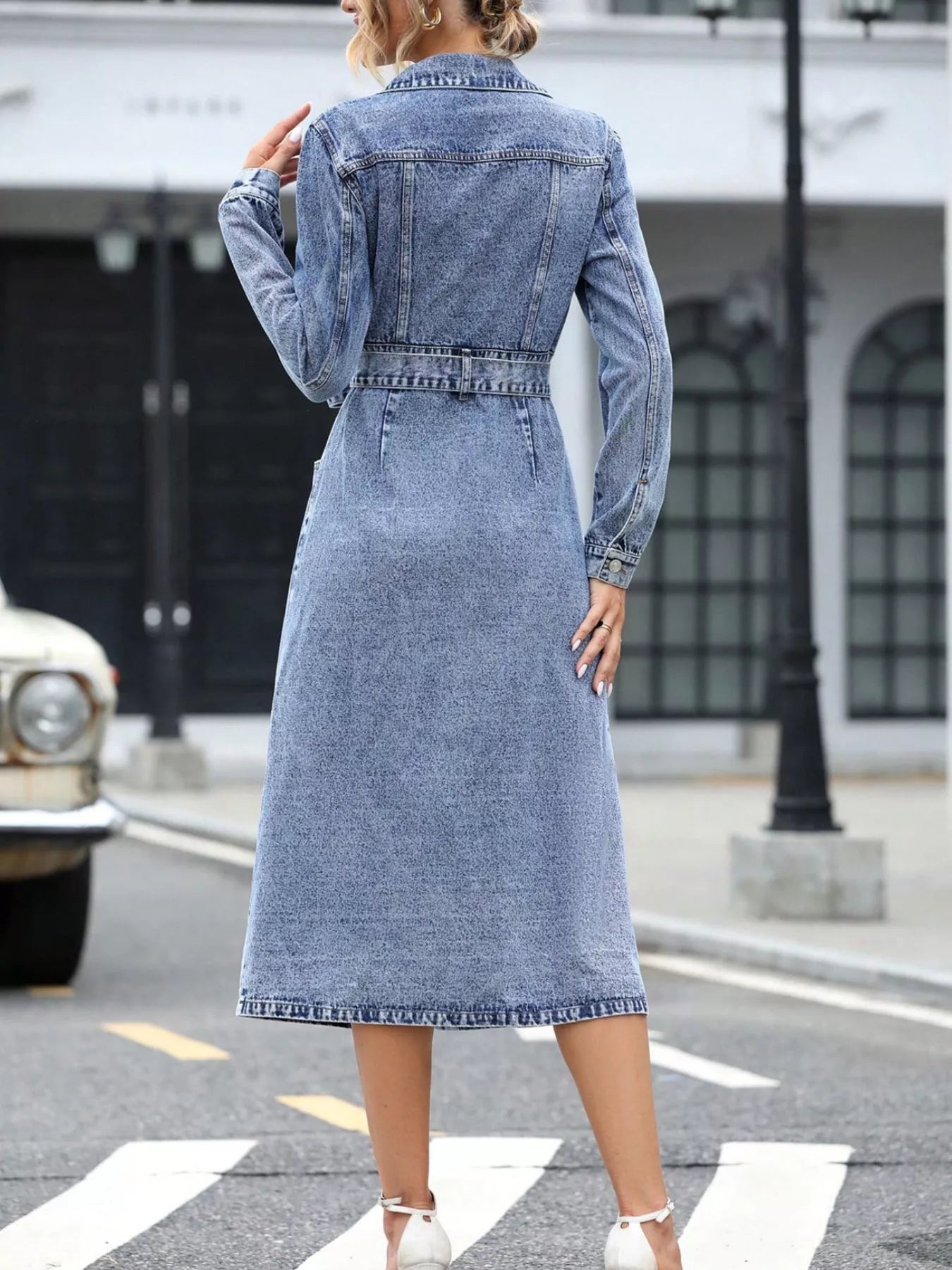 Belted Long Sleeve Denim Dress