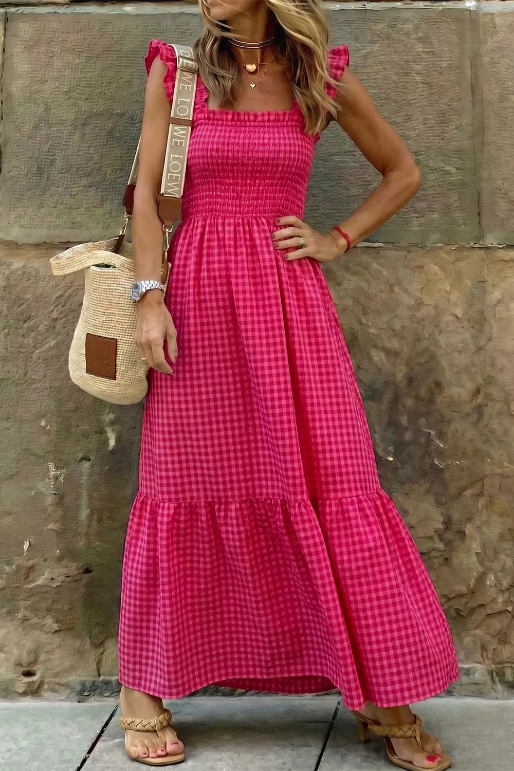 Plaid Square Neck Fit-and-flared Vacation Sundress