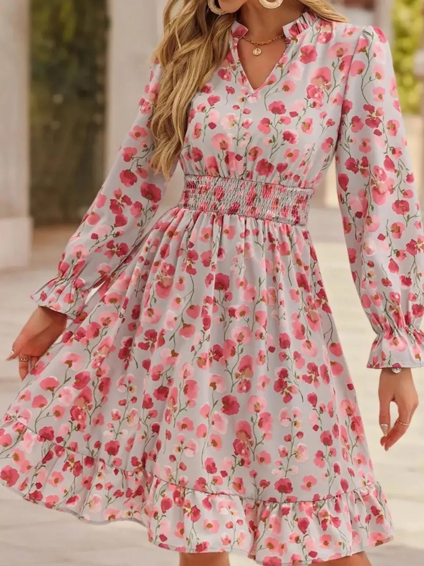Floral Notched Flounce Sleeve Dress