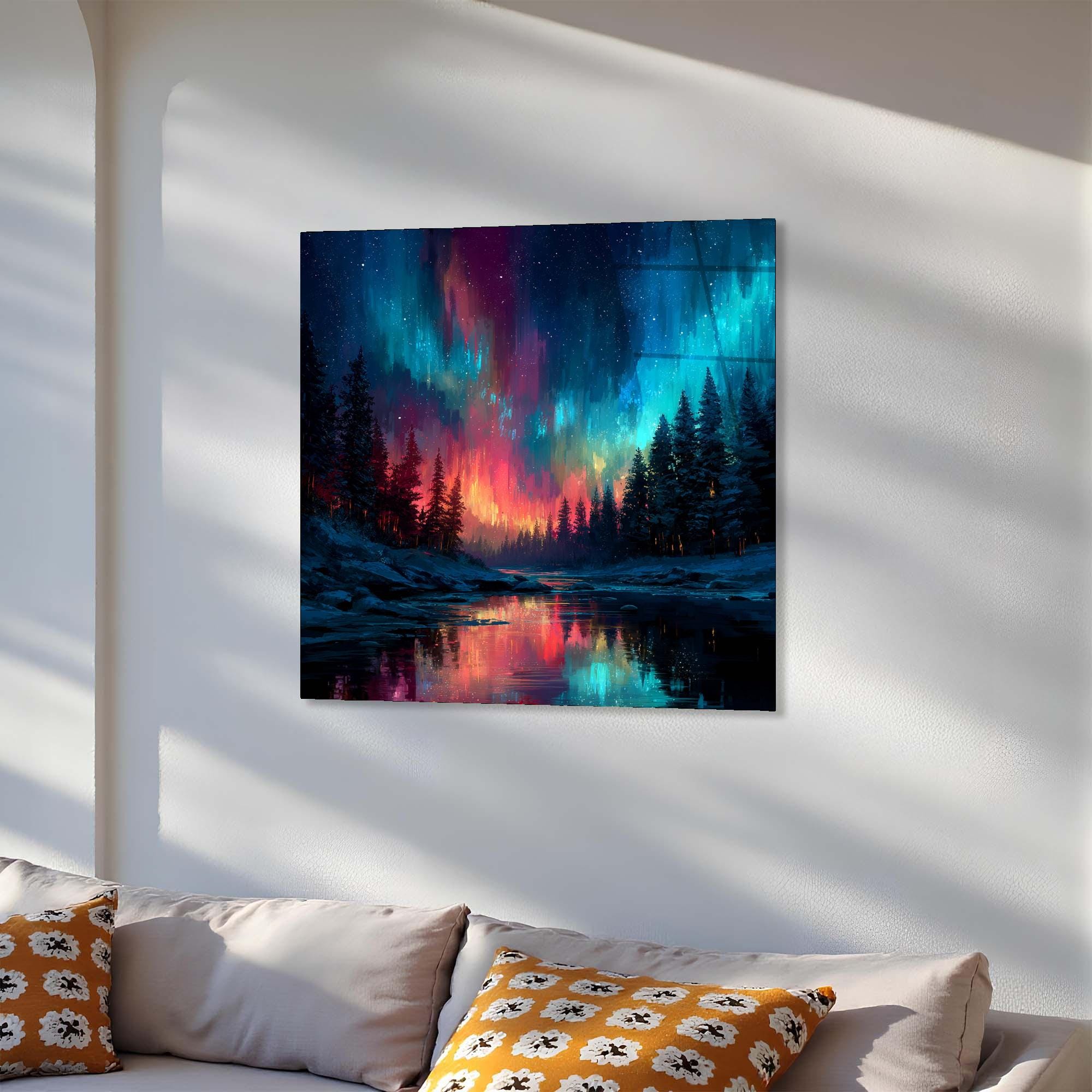Aurora Borealis Tempered Glass Wall Art | Forest Landscape Decor