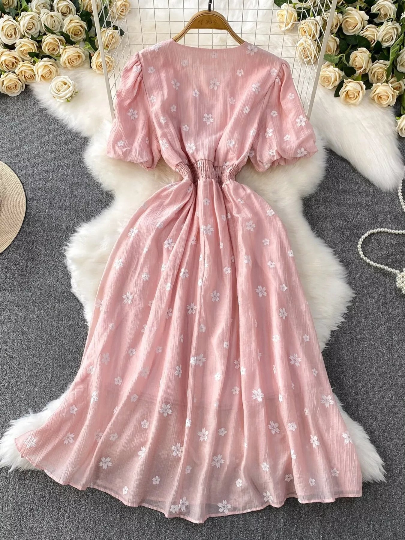 Floral Puff Sleeve A-Line Midi Dress