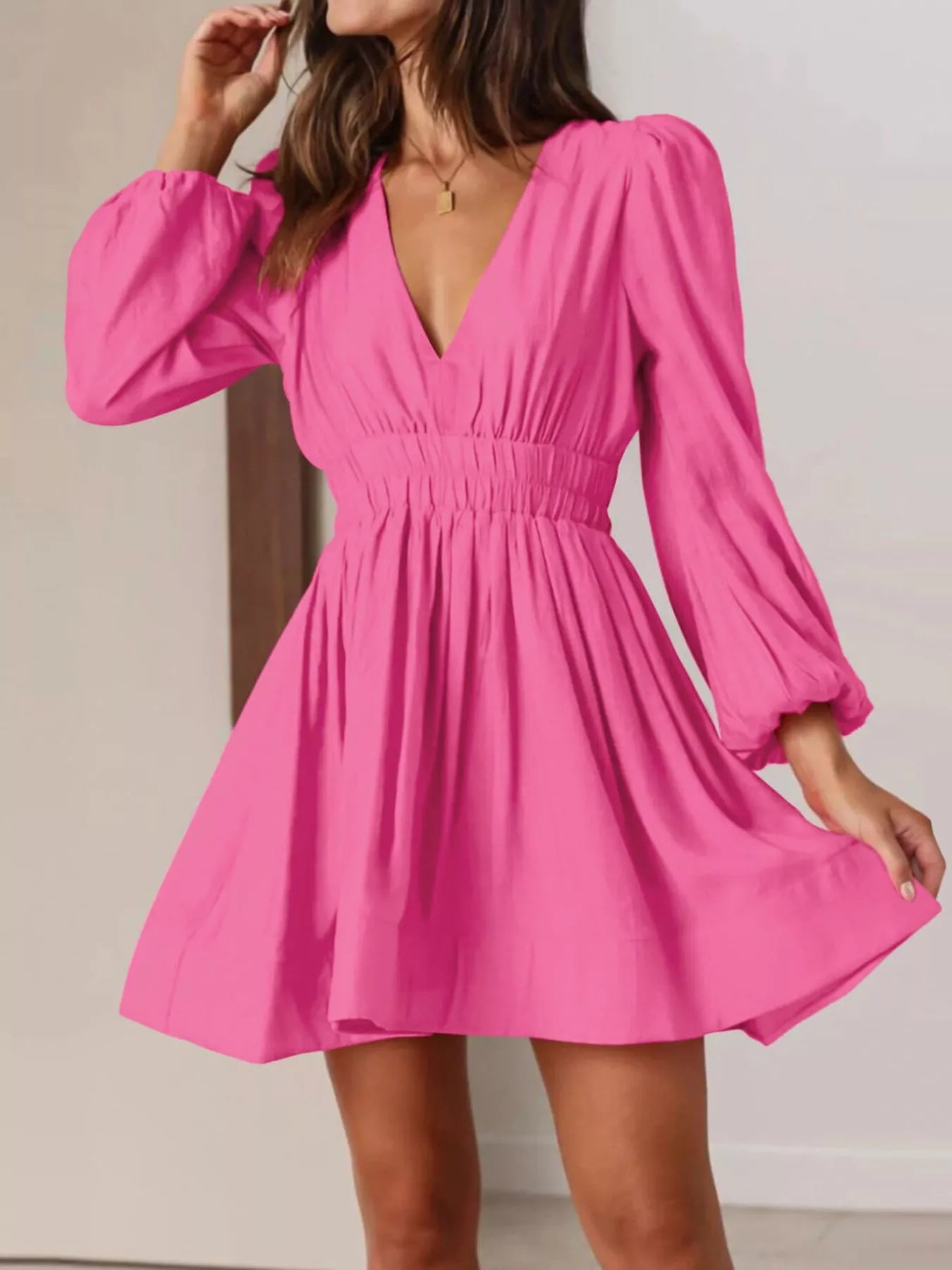 V-Neck Long Sleeve Mini Dress