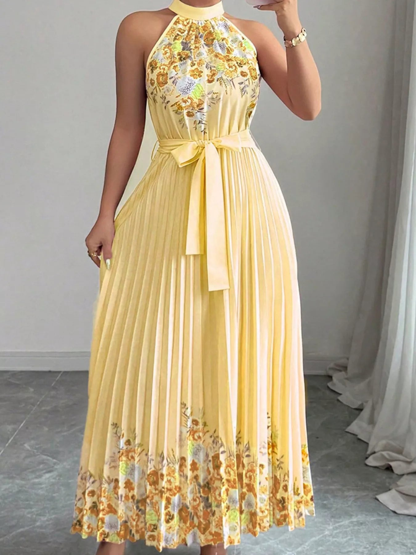 Halter Neck Floral Print Pleated Maxi Dress
