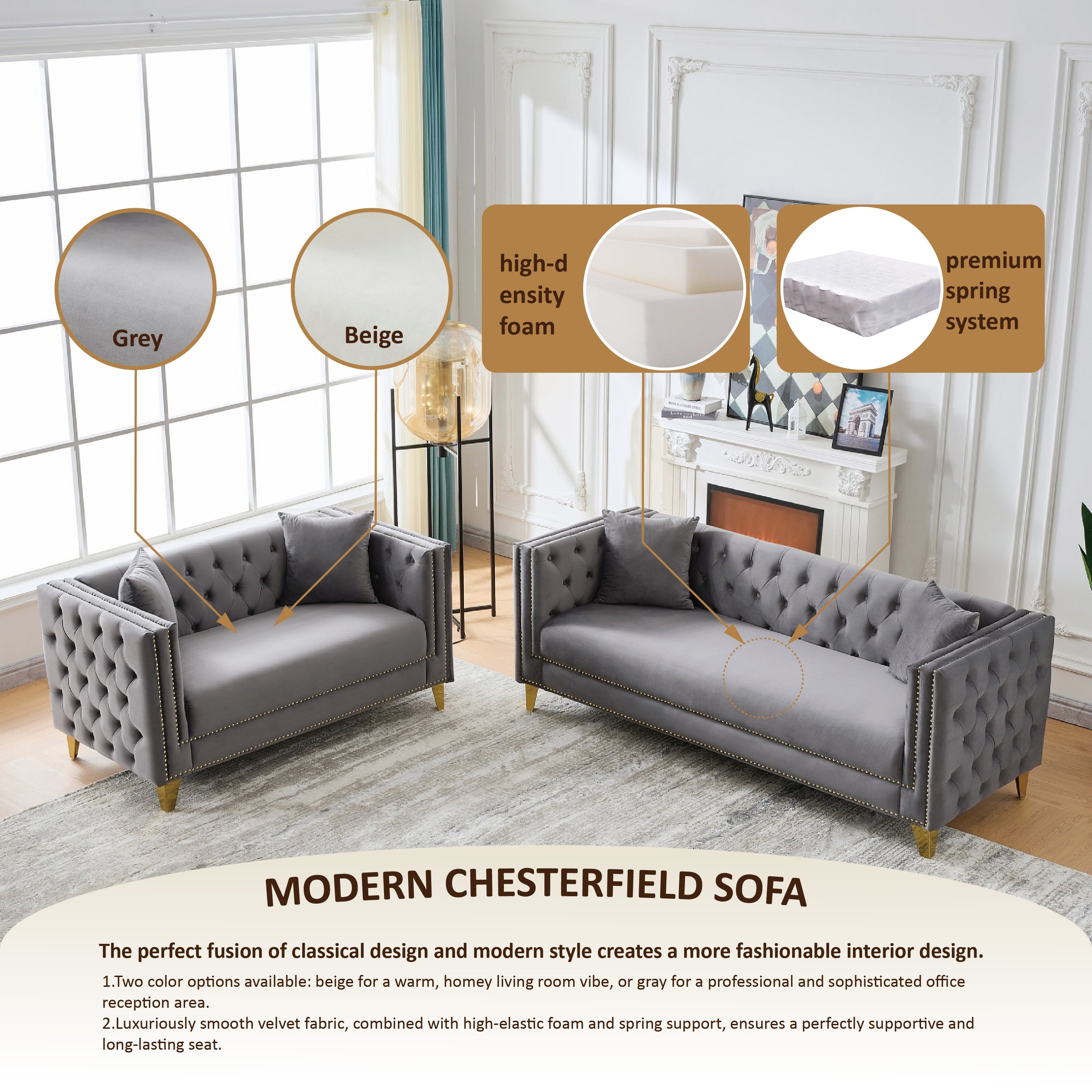 Chesterfield Velvet Sofa - 3+2 Seater Deep Seat Sofa