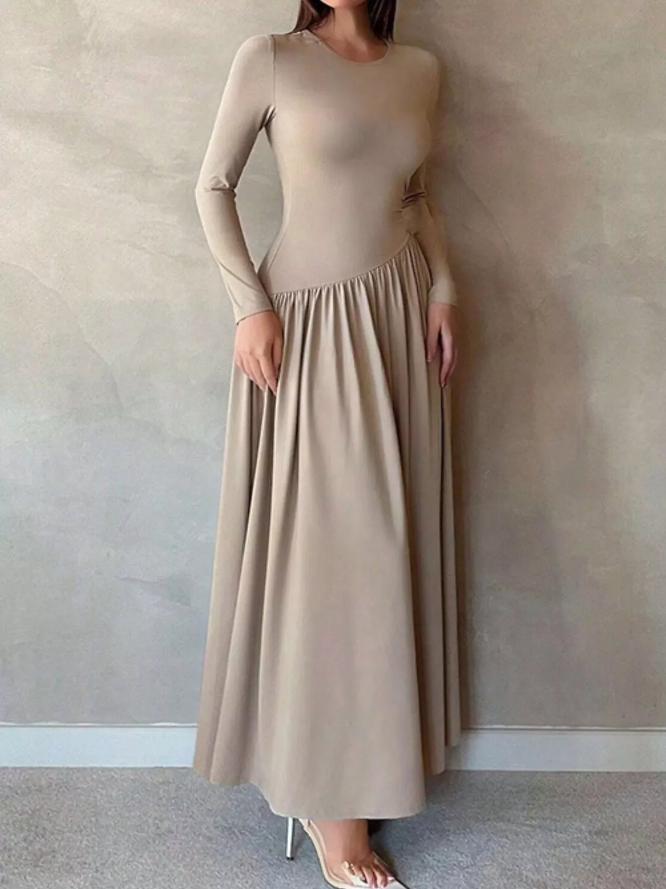 Long Sleeve Ruched A-Line Maxi Dress
