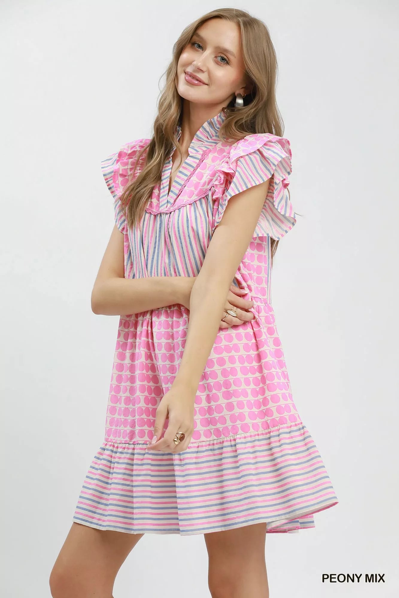 Umgee Mix Patchwork Flutter Sleeve Tiered Dress