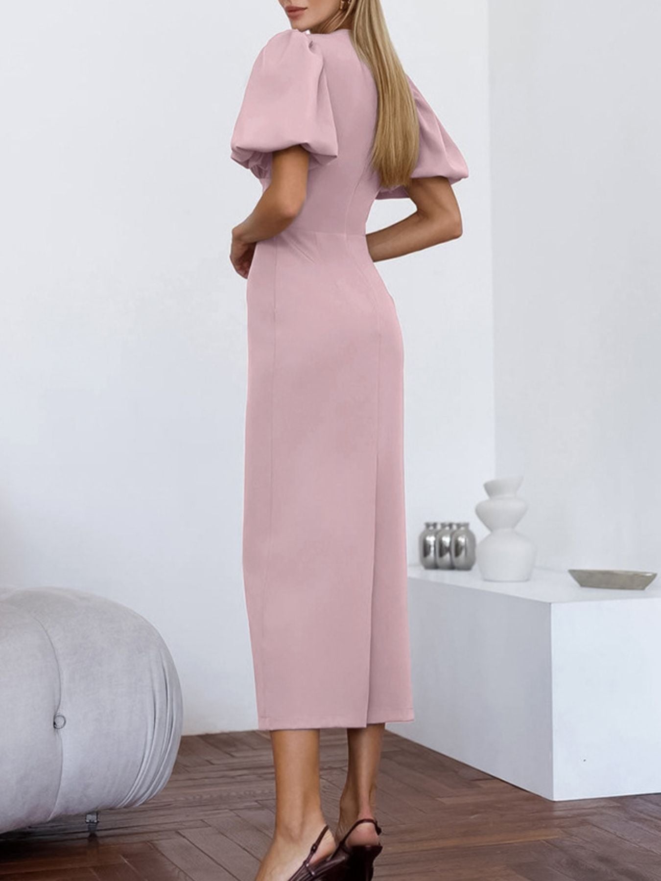 Cutout Front Puff Sleeve Dress