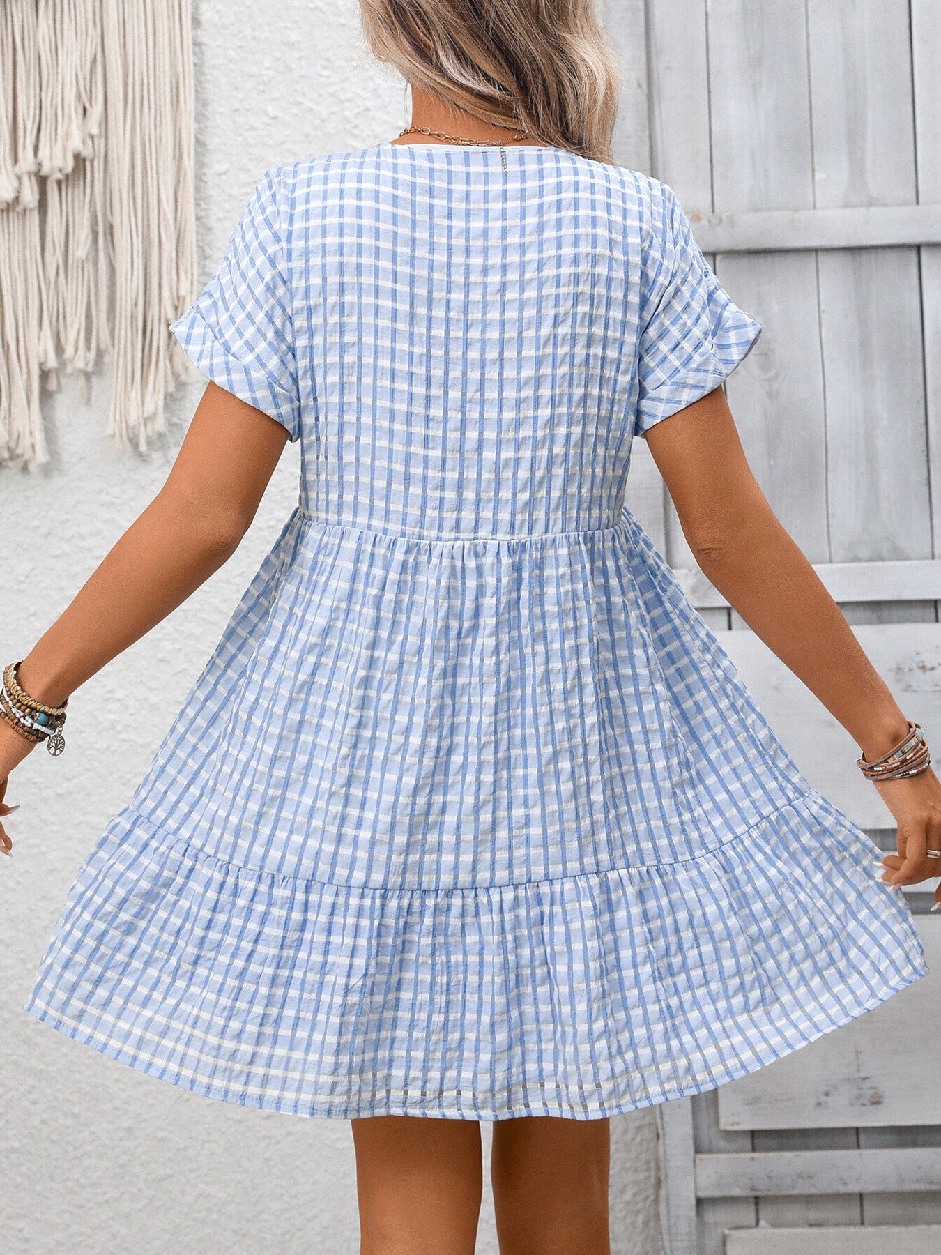 Plaid V-Neck Ruffle Hem Mini Dress