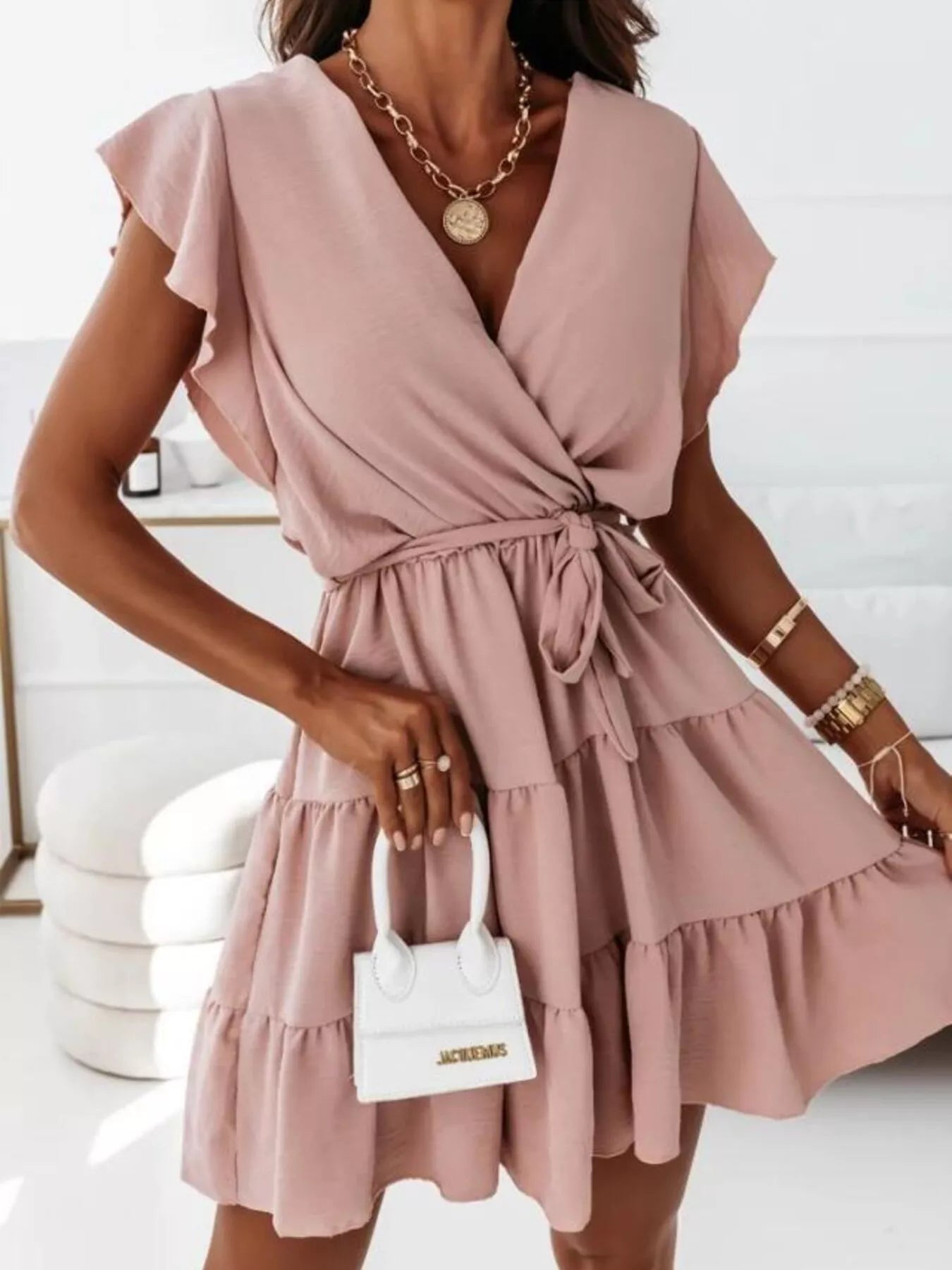 Ruffle Sleeve Tie Waist Tiered Mini Dress