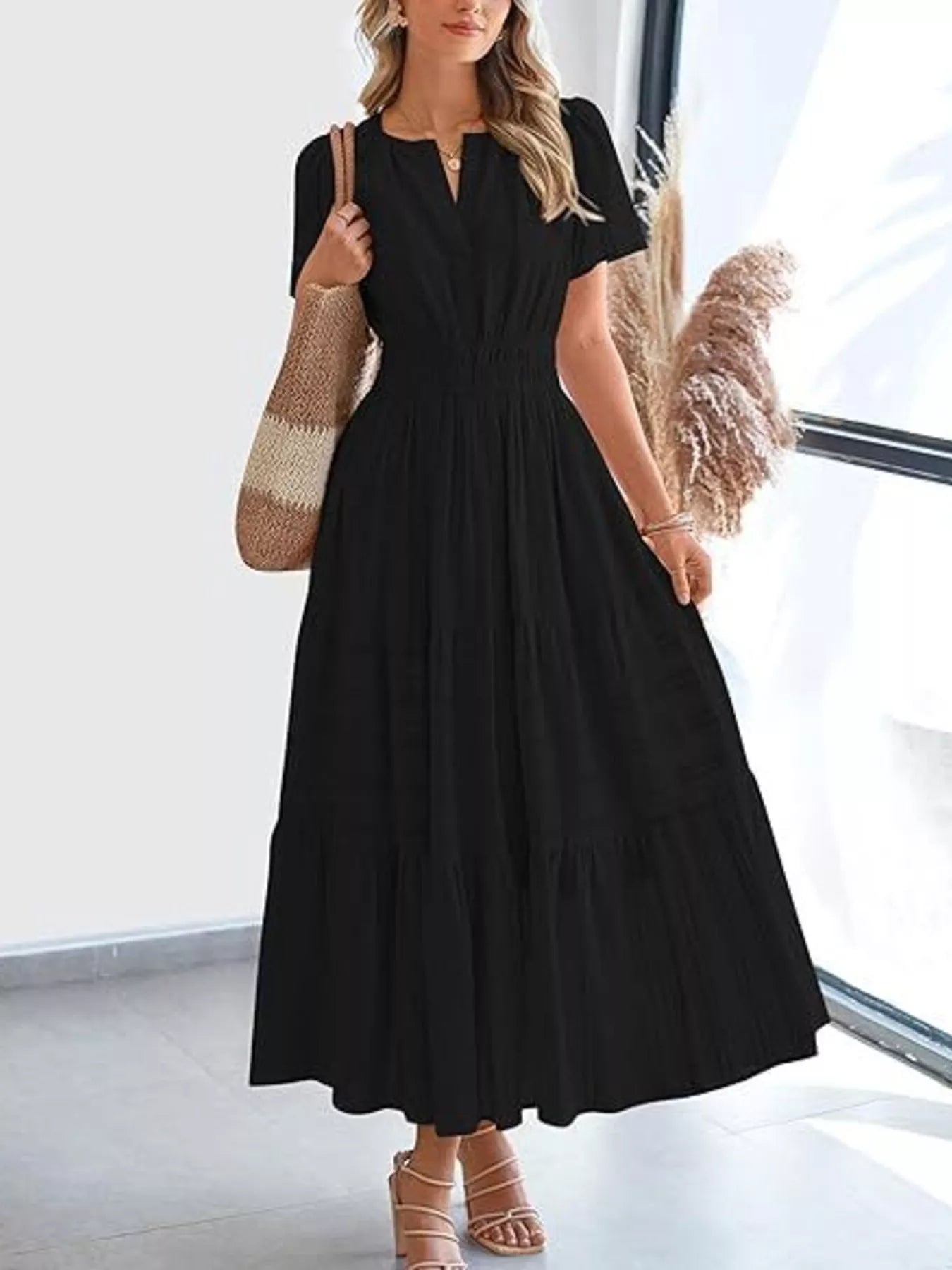 Full Size Short Sleeve Tiered Midi Dress Plus Size