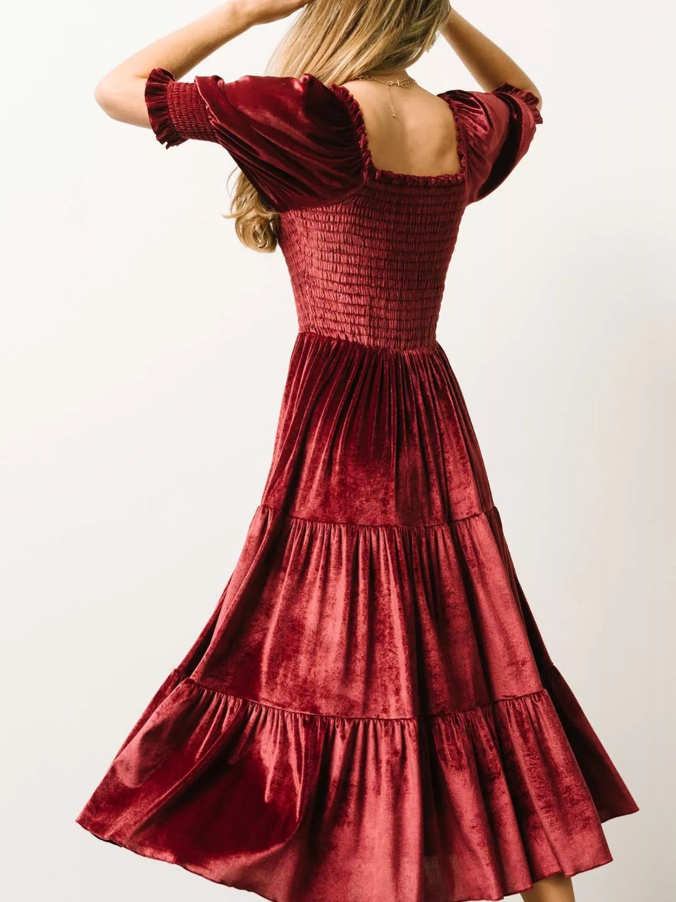Velvet Smocked Tiered Midi Dress