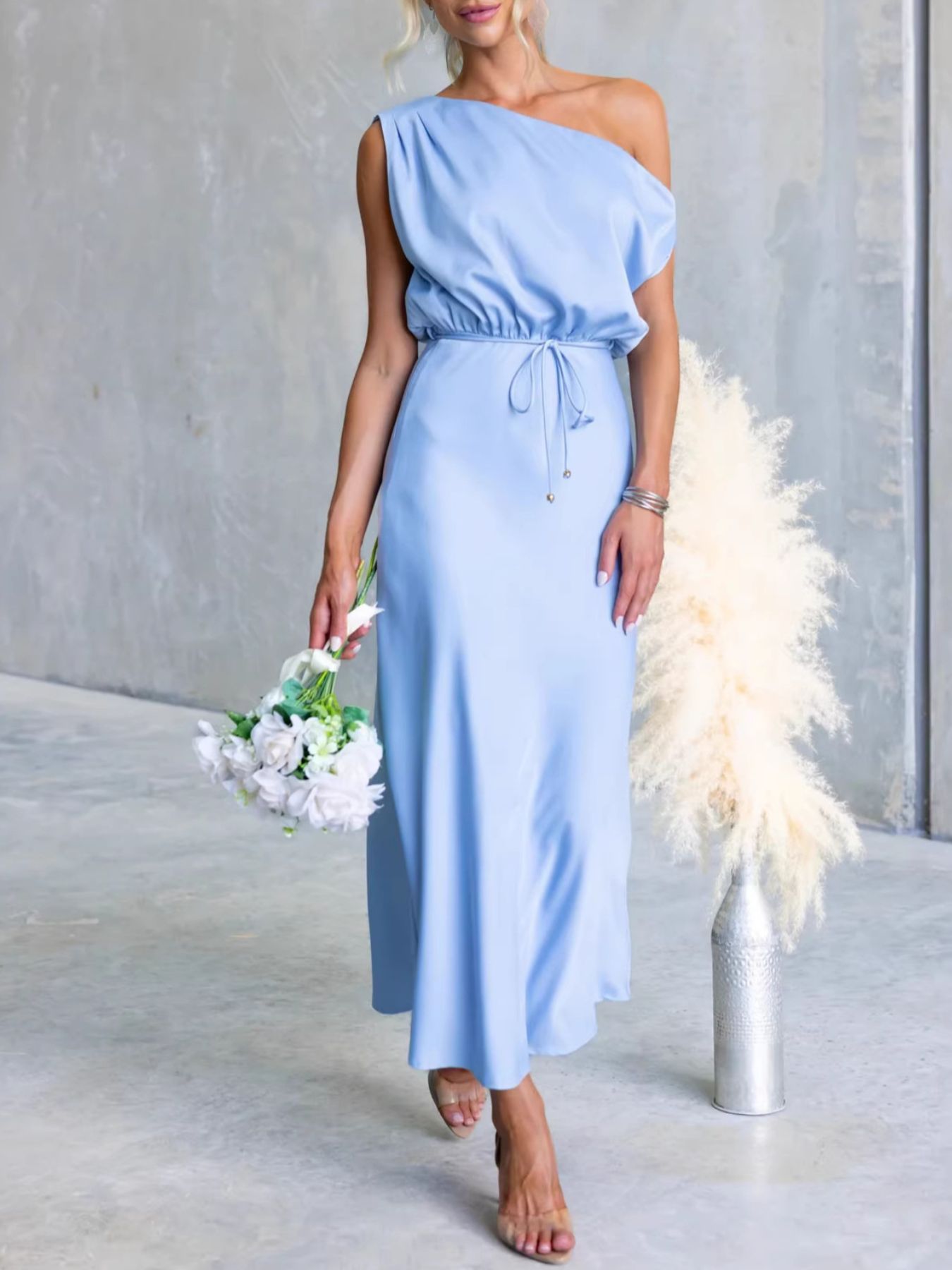 One-Shoulder Tied Midi Dress