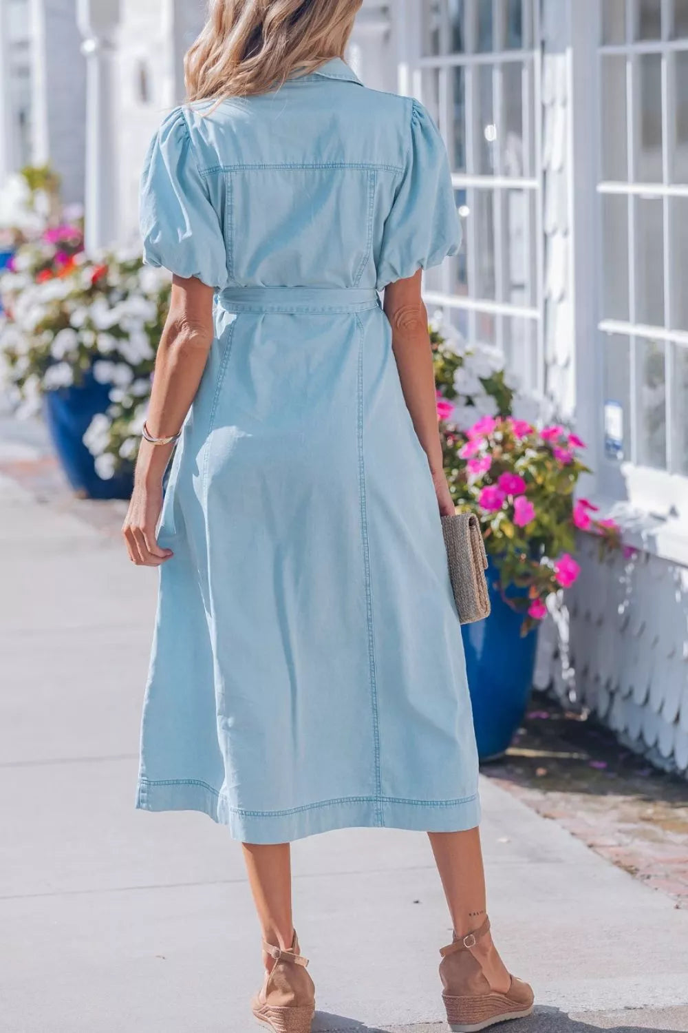 Full Buttons Collared Short Bubble Sleeve Long Denim Dress