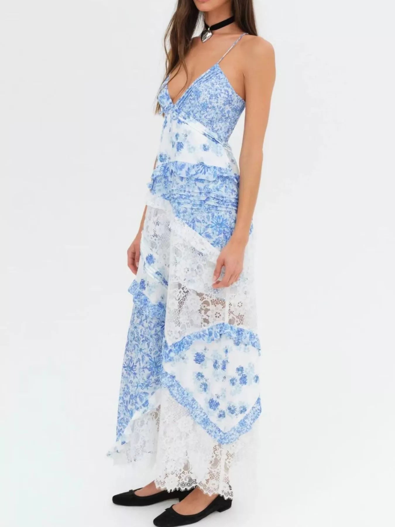 Lace Floral Print Ruffle Trim Maxi Dress