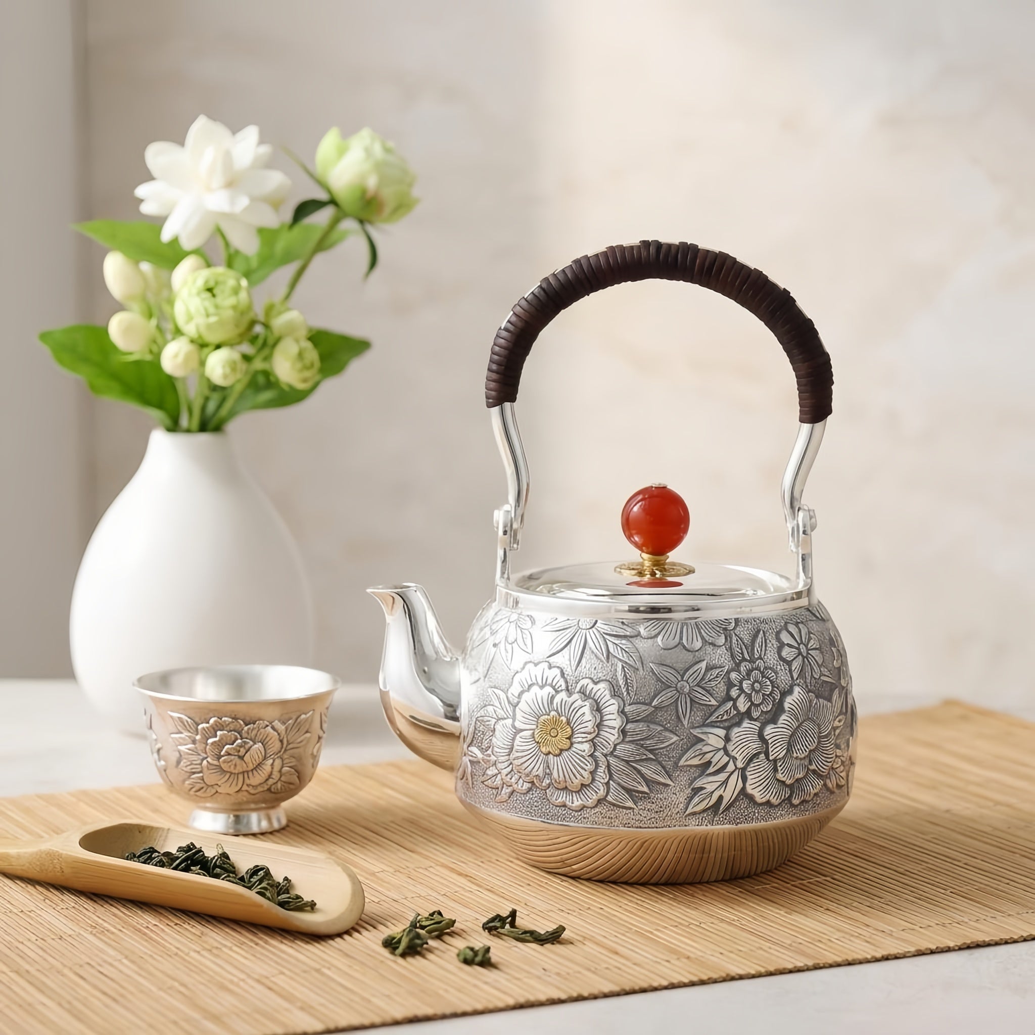 925 Sterling Silver Handcrafted Silver Floral Teapot with Red Agate Knob and Woven Handle - Handicraft