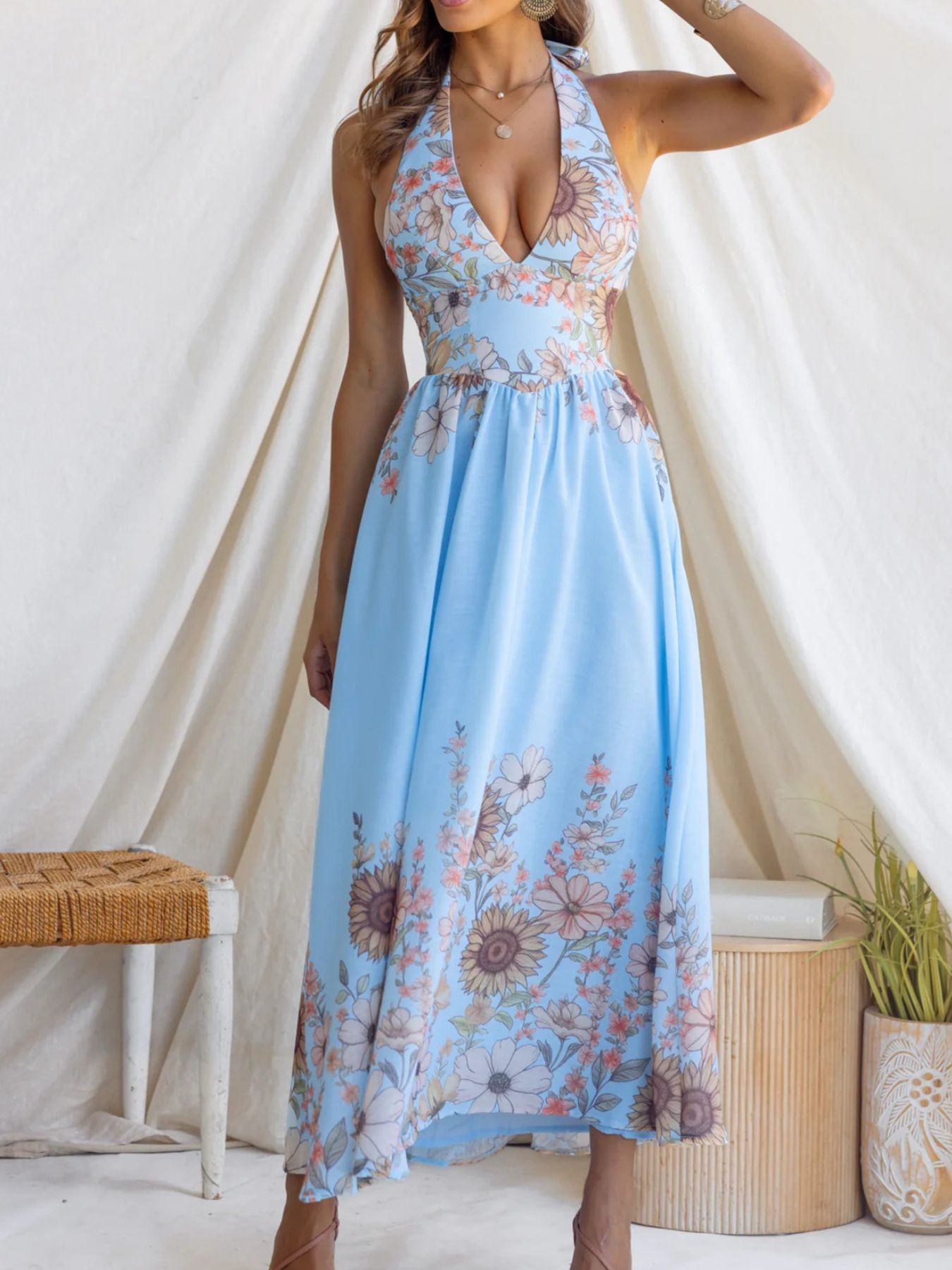 Floral Print Halter Neck Maxi Dress
