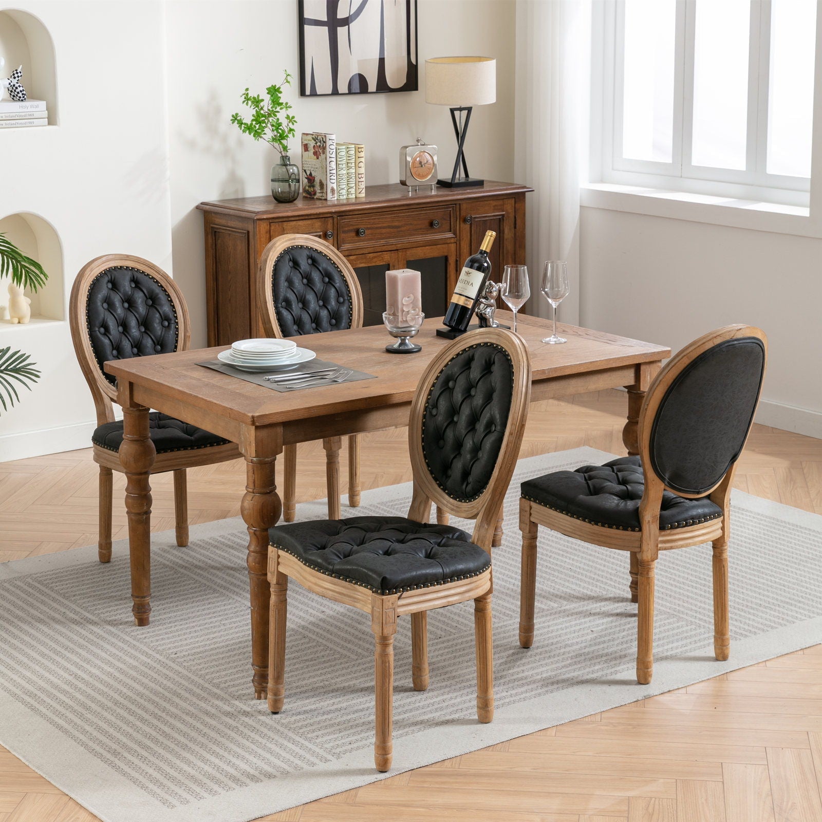 French Style Solid Wood Frame Antique Painting, Hand-Pulled Buckle Decoration Artificial Dining Chair With Nailhead Trim, Wood Legs
