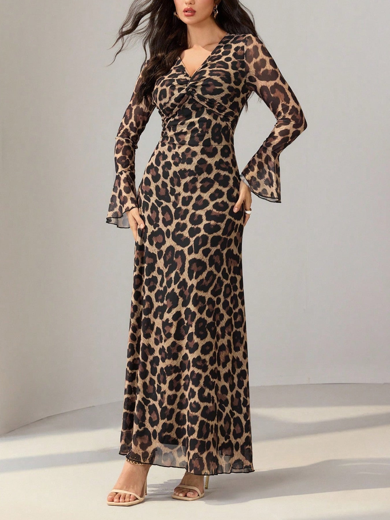Leopard Print Flare Sleeve Maxi Dress