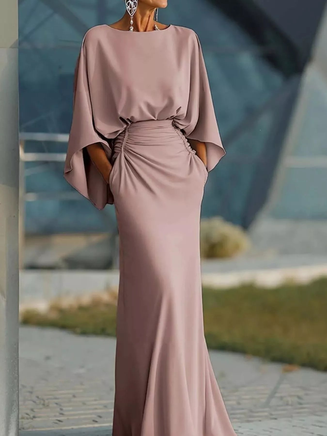 Batwing Sleeve Ruched Maxi Dress