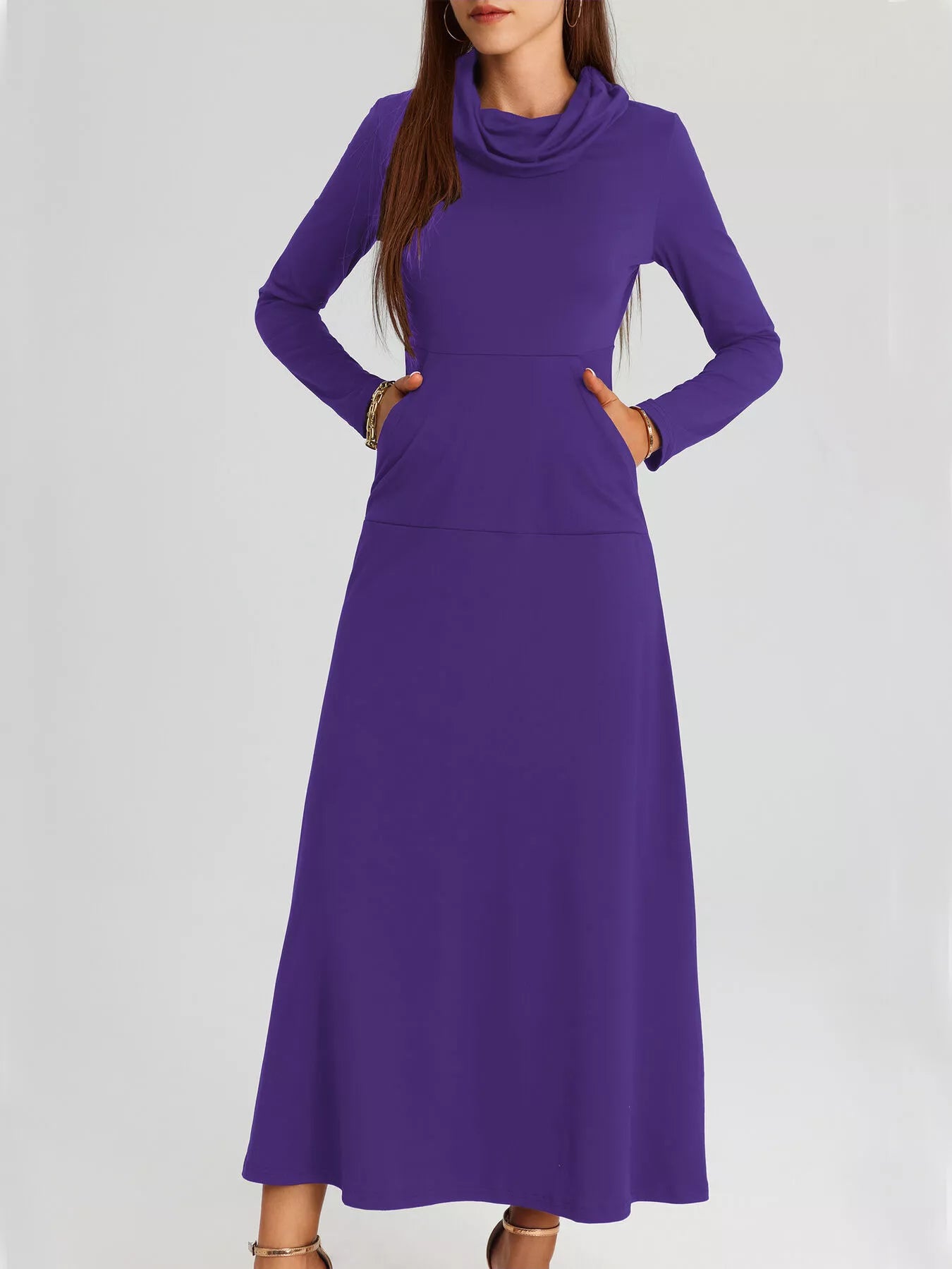 Cowl Neck Long Sleeve Midi Dress