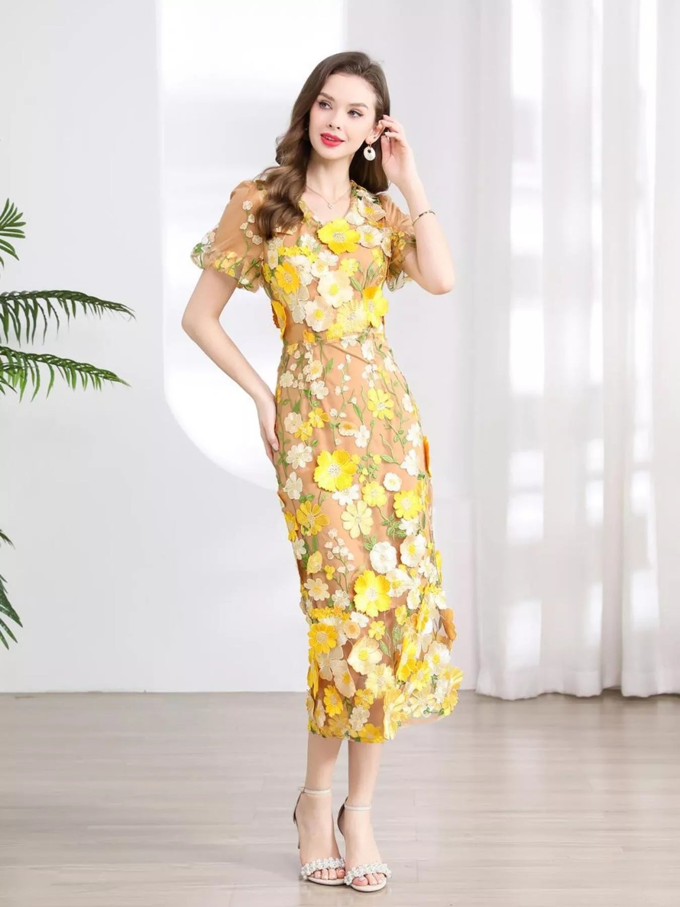 Floral Embroidered Puff Sleeve Midi Dress