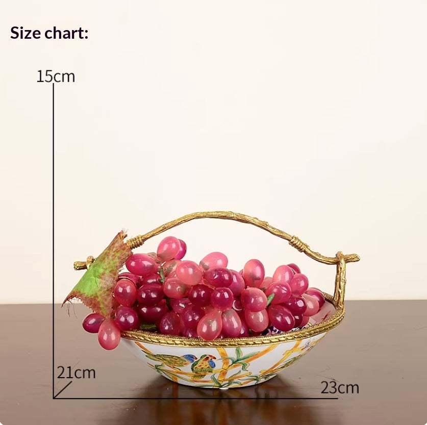 Brass Fruit Bowl Ornamentdesktop Living Room Decor Featuring A Copper-and-porcelain Fruit Basket