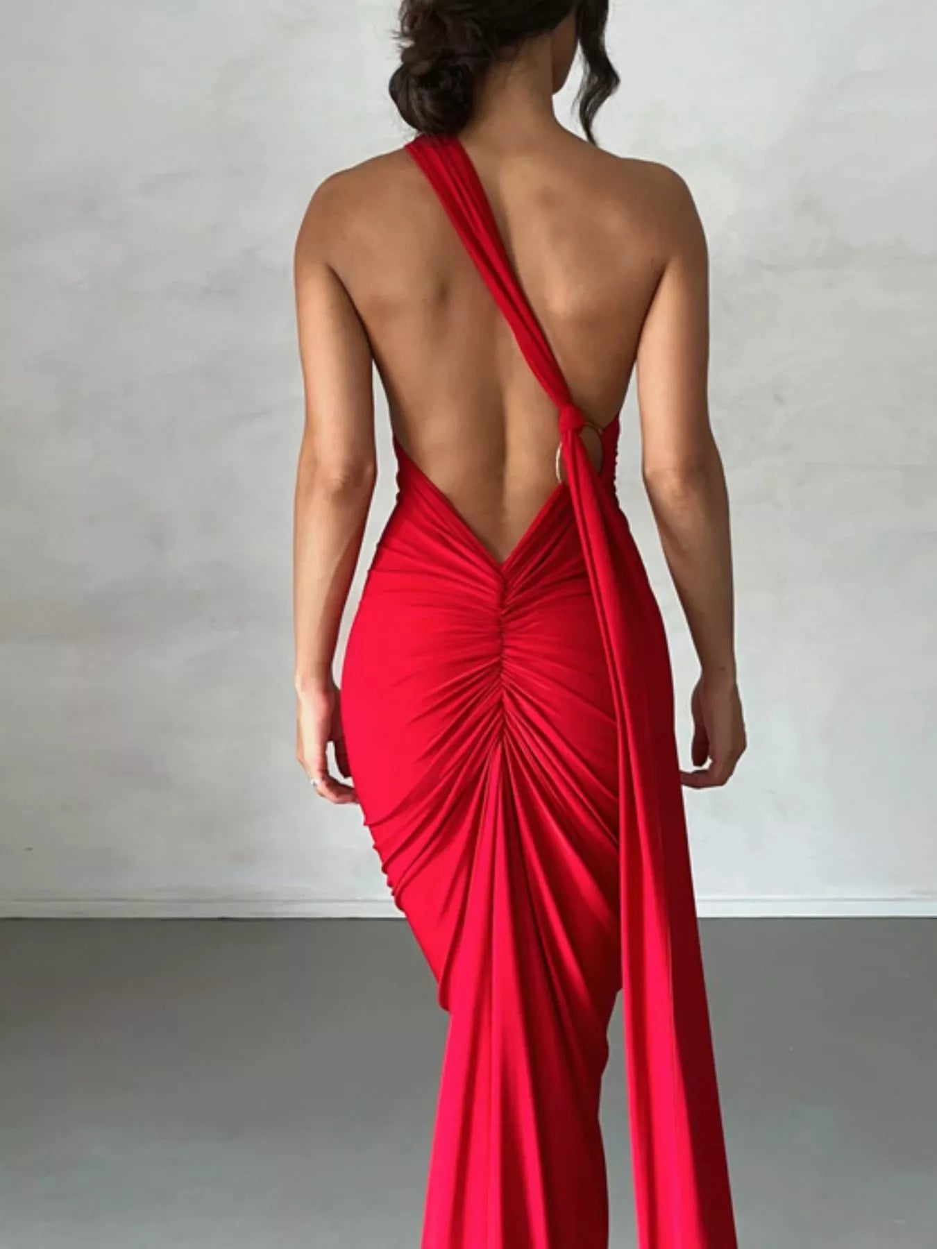 Backless One-Shoulder Ruched Bodycon Maxi Dress