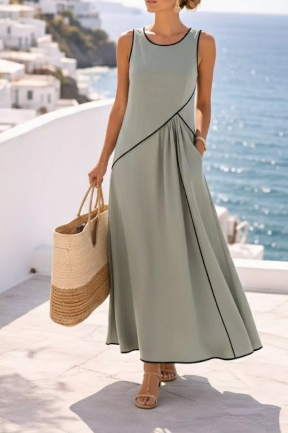 Sleeveless Casual Maxi Dress with Contrast Trim