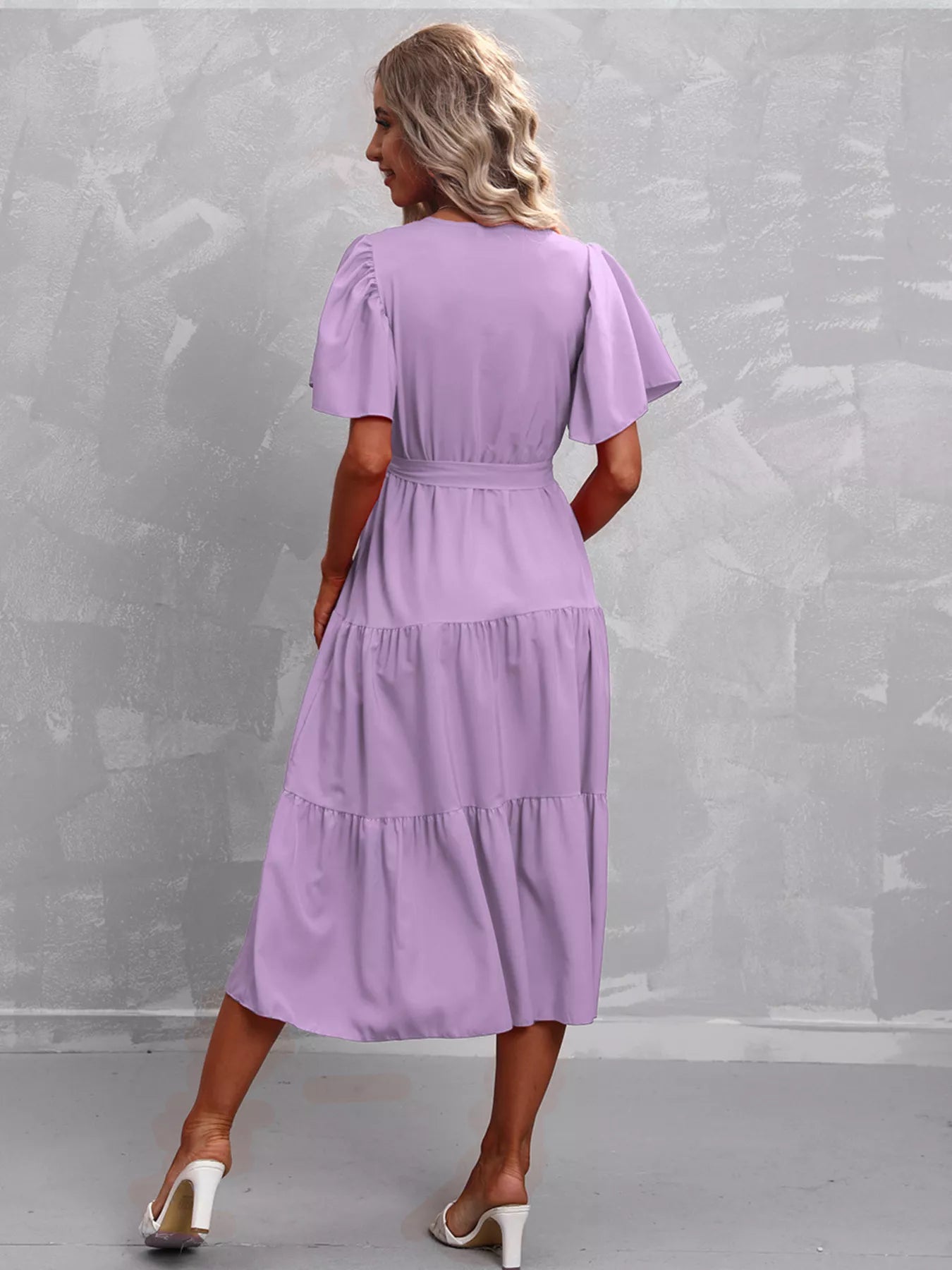 Flutter Sleeve Tiered Midi Dress
