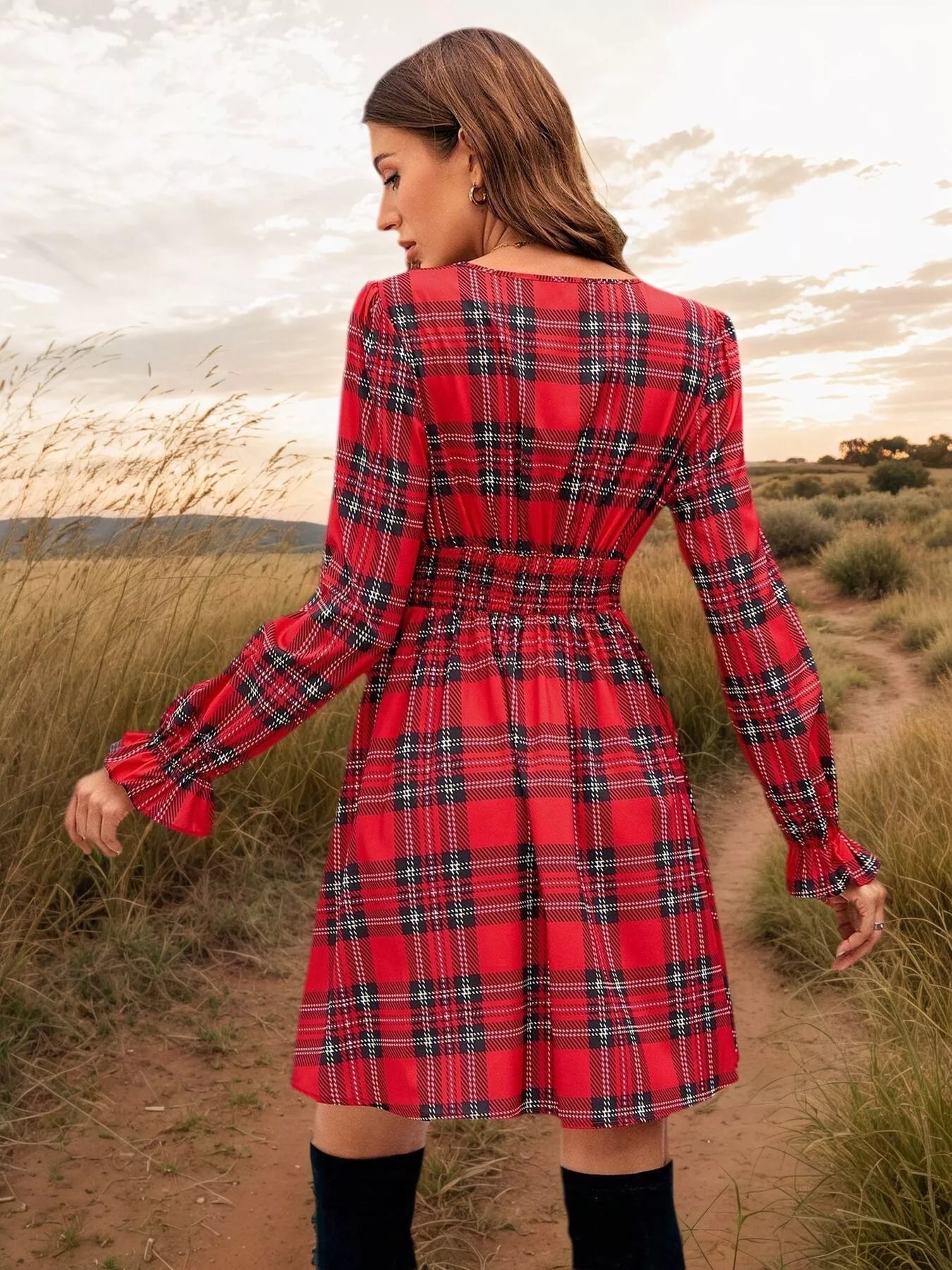 Plaid V-Neck Tie Front Mini Dress