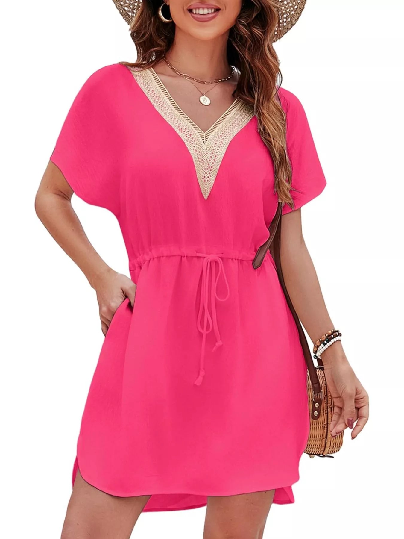 Drawstring Waist V-Neck Mini Dress