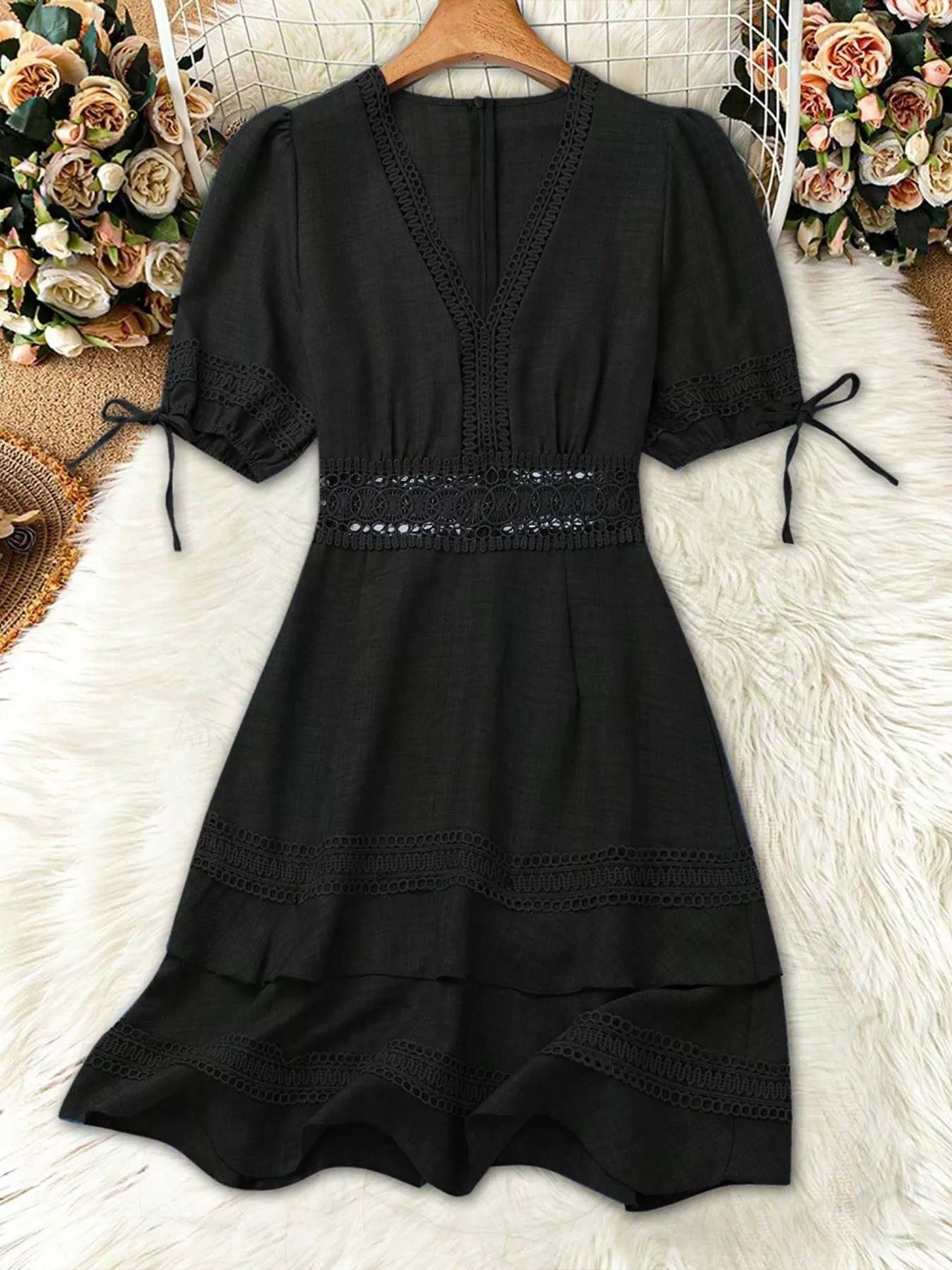 Lace Detail V-Neck Mini Dress