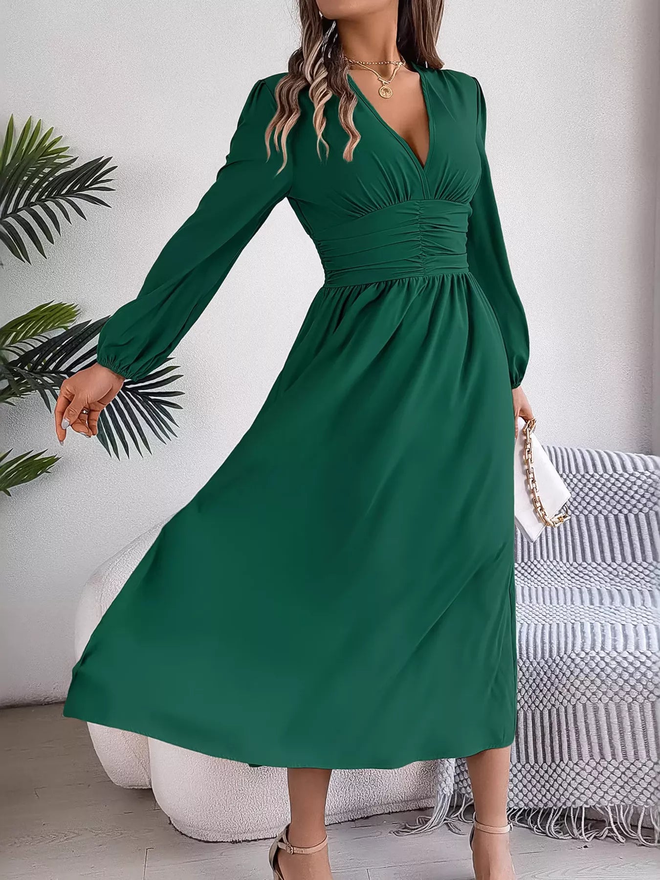Slit Balloon Sleeve Midi Dress
